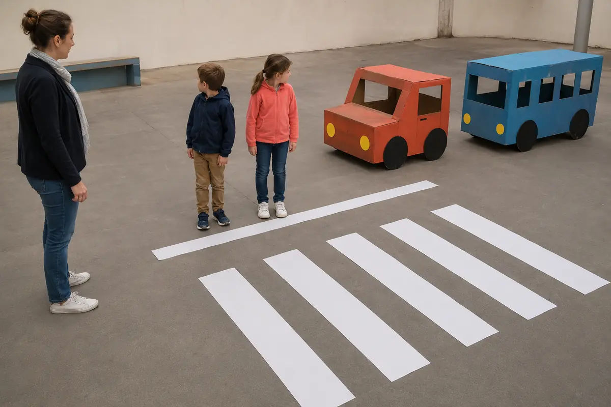 Passage piéton géant en bandes de papier avec ligne d’arrêt et véhicules en carton