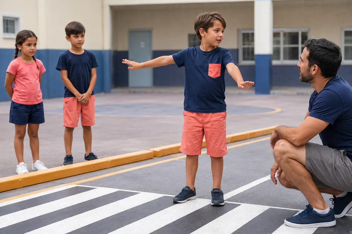 Jeu de rôle du bon piéton dans une cour avec trottoir fictif et adulte accompagnateur