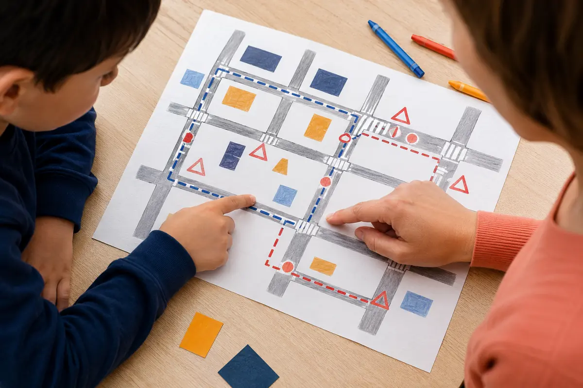 Carte simplifiée d’un trajet enfant avec passages piétons intersections et points de vigilance