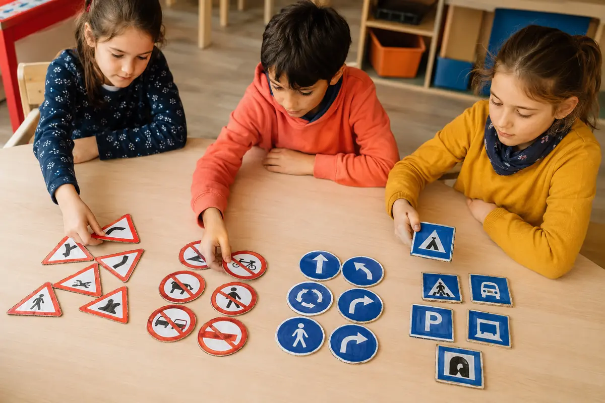 Enfants triant des panneaux routiers par formes danger interdiction obligation indication