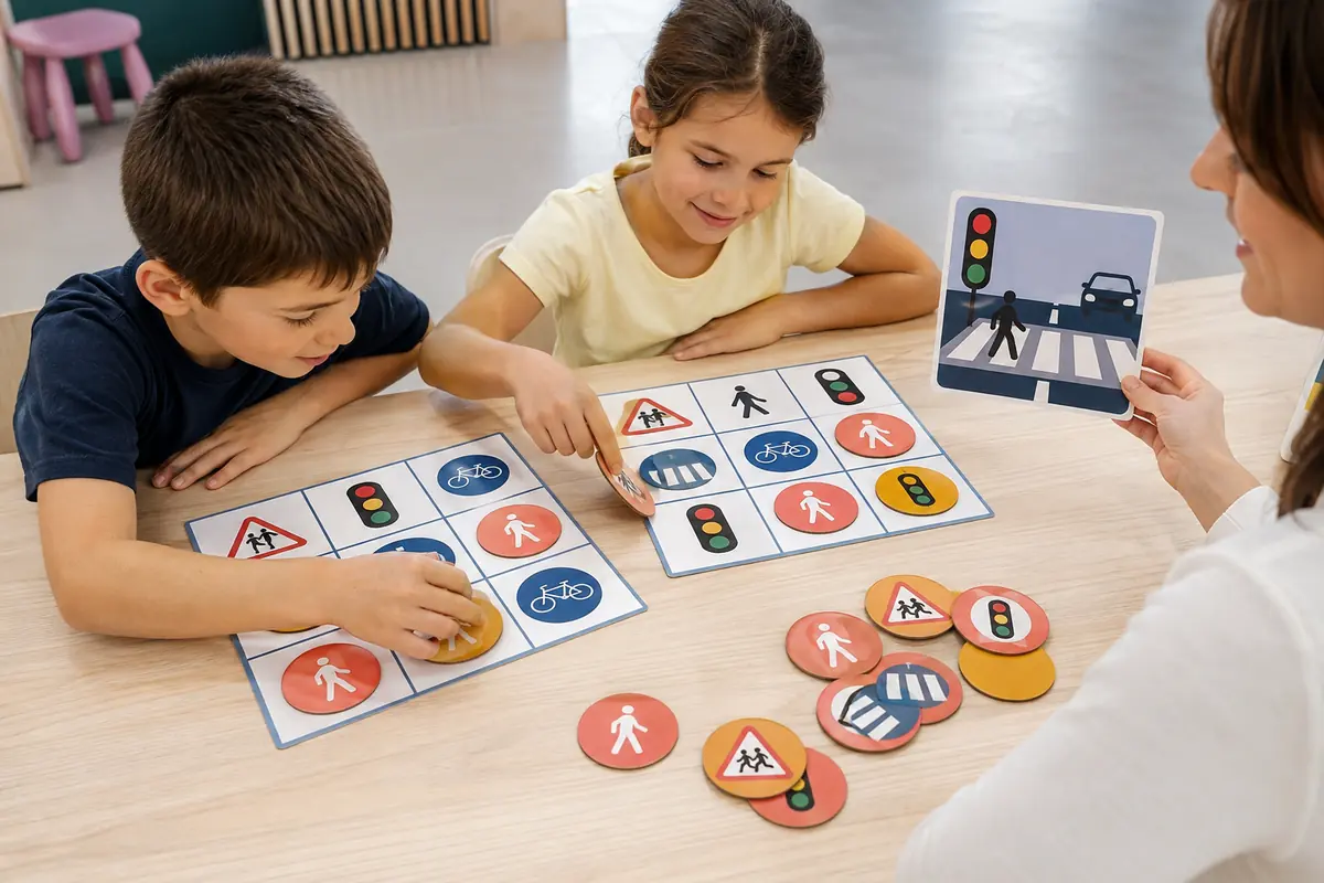 Grilles de bingo sécurité routière avec pictogrammes de panneaux et jetons