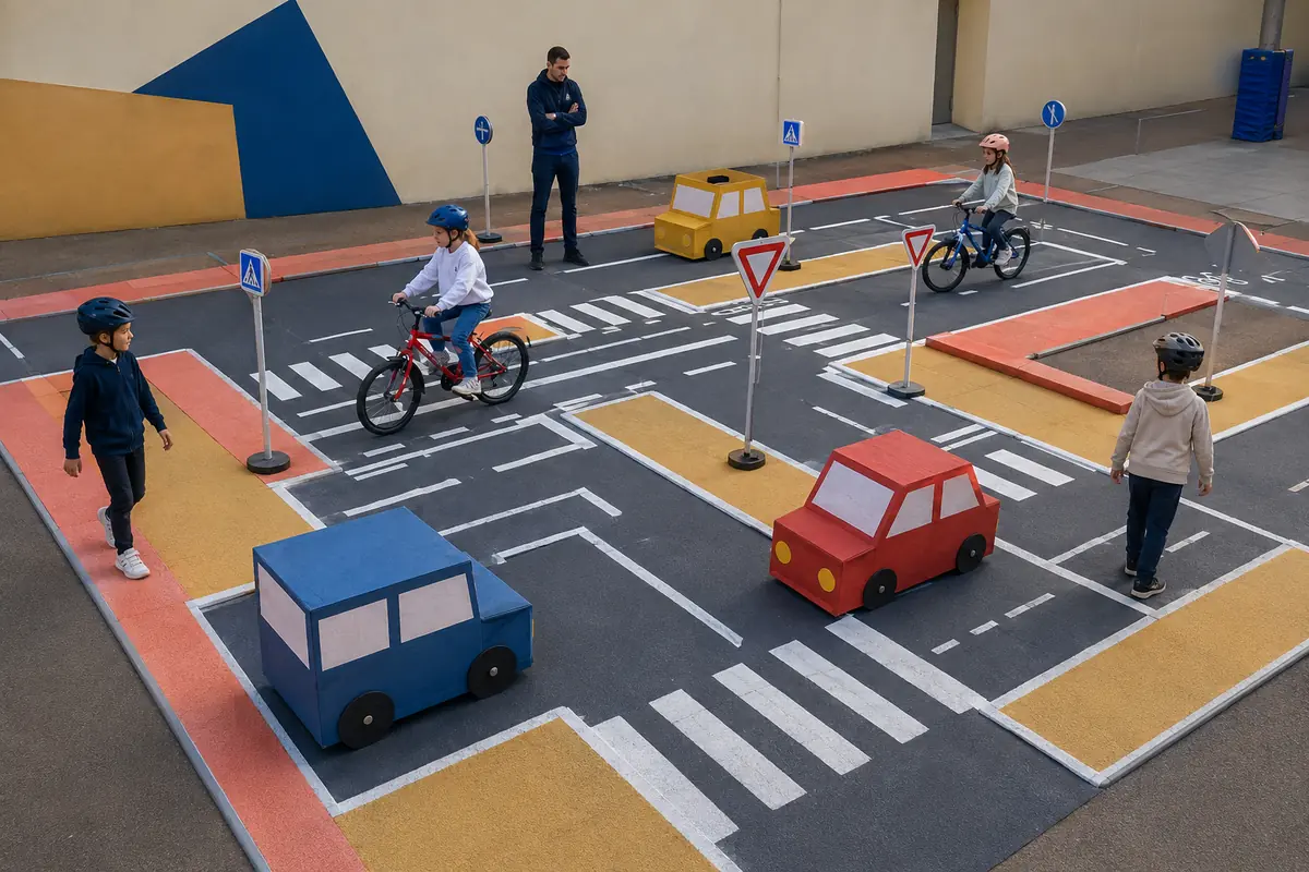 Mini-ville de sécurité routière installée au sol avec rues trottoirs et passages piétons