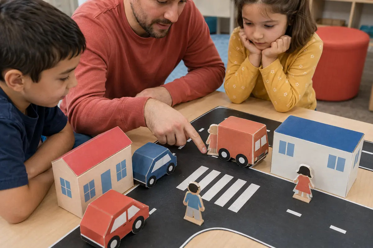 Petites voitures et personnages en carton utilisés pour résoudre des situations routières