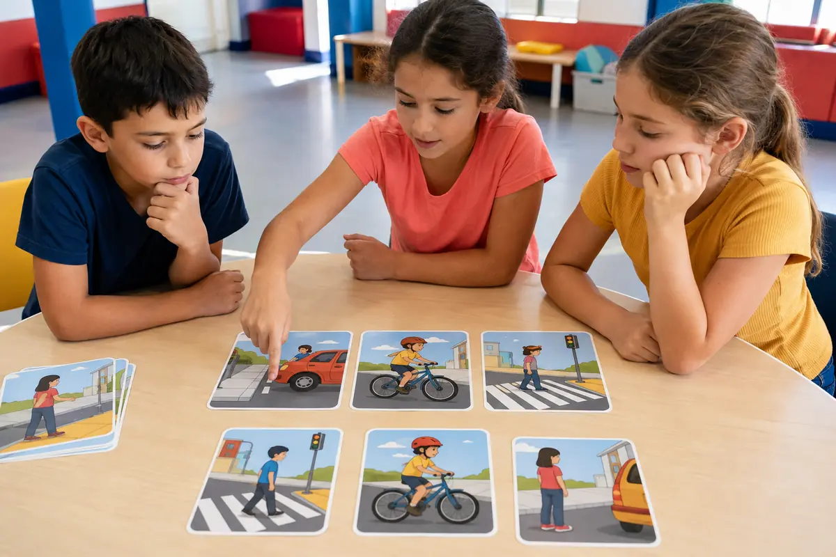 Cartes illustrées de situations routières avec erreurs à observer par les enfants