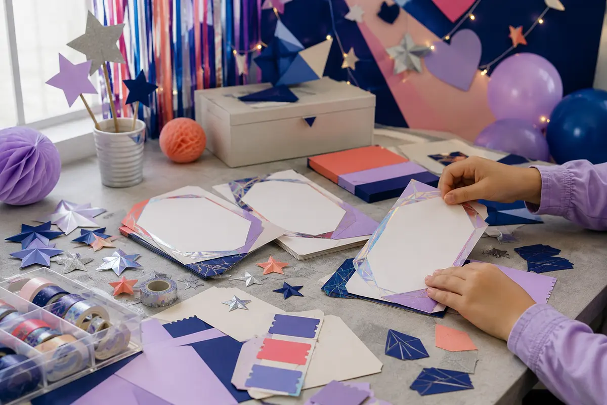 Invitation et décoration anniversaire K-pop générique avec étoiles cadres irisés billets et palette colorée sans logo