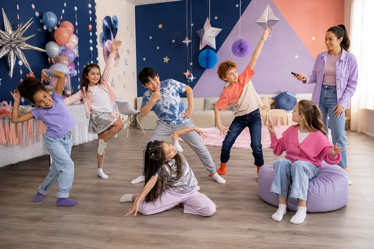 Enfants jouant à une freeze dance K-pop générique dans une zone dégagée et colorée