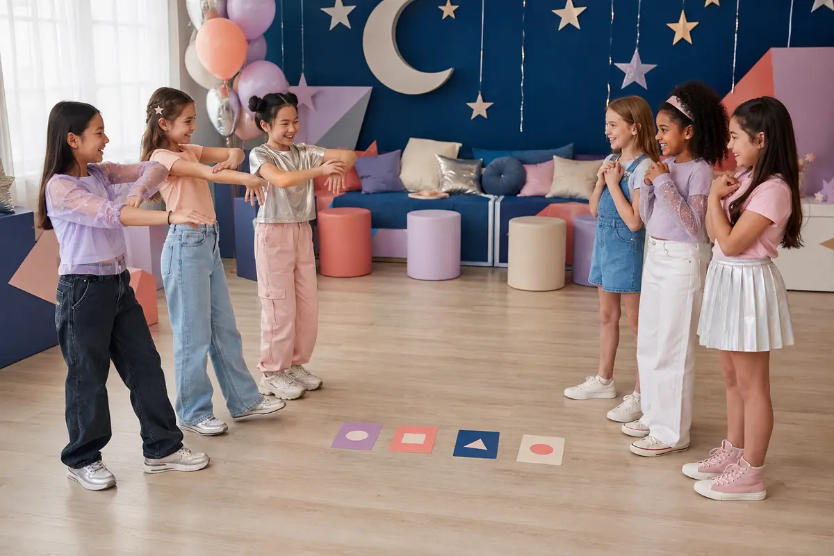 Dance battle coopérative d’enfants avec équipes qui assemblent leurs gestes sans compétition