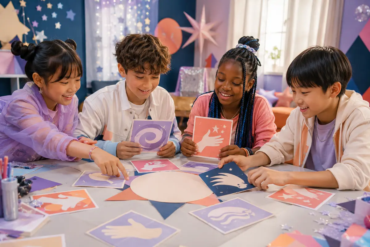 Équipe d’enfants créant un nom de groupe K-pop fictif avec cartes images sans copier de marque