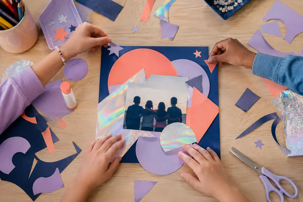 Enfants réalisant une pochette d’album K-pop fictive avec collage géométrique et photo sans visage
