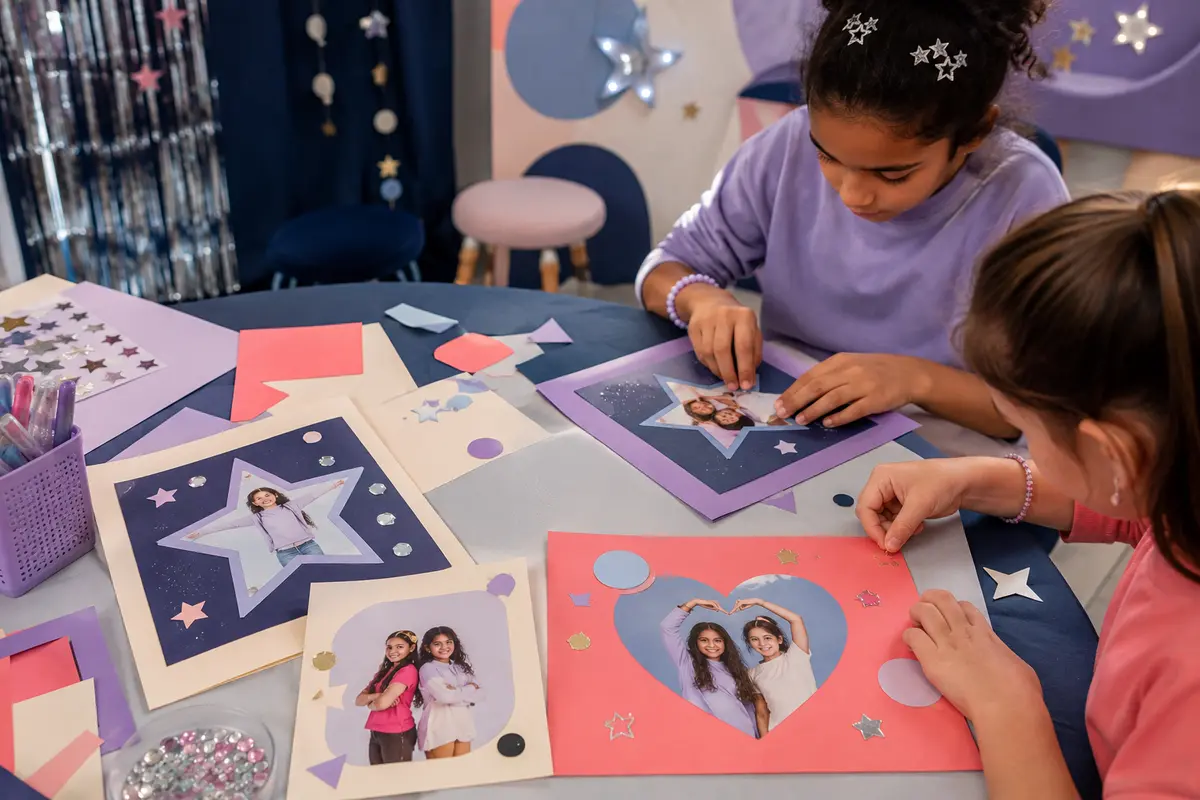 Photocards maison génériques décorées avec poses symboles et cadres colorés sans artiste connu