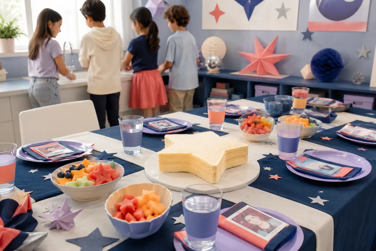 Goûter anniversaire K-pop enfant générique avec gâteau étoile fruits découpés eau colorée et photocards