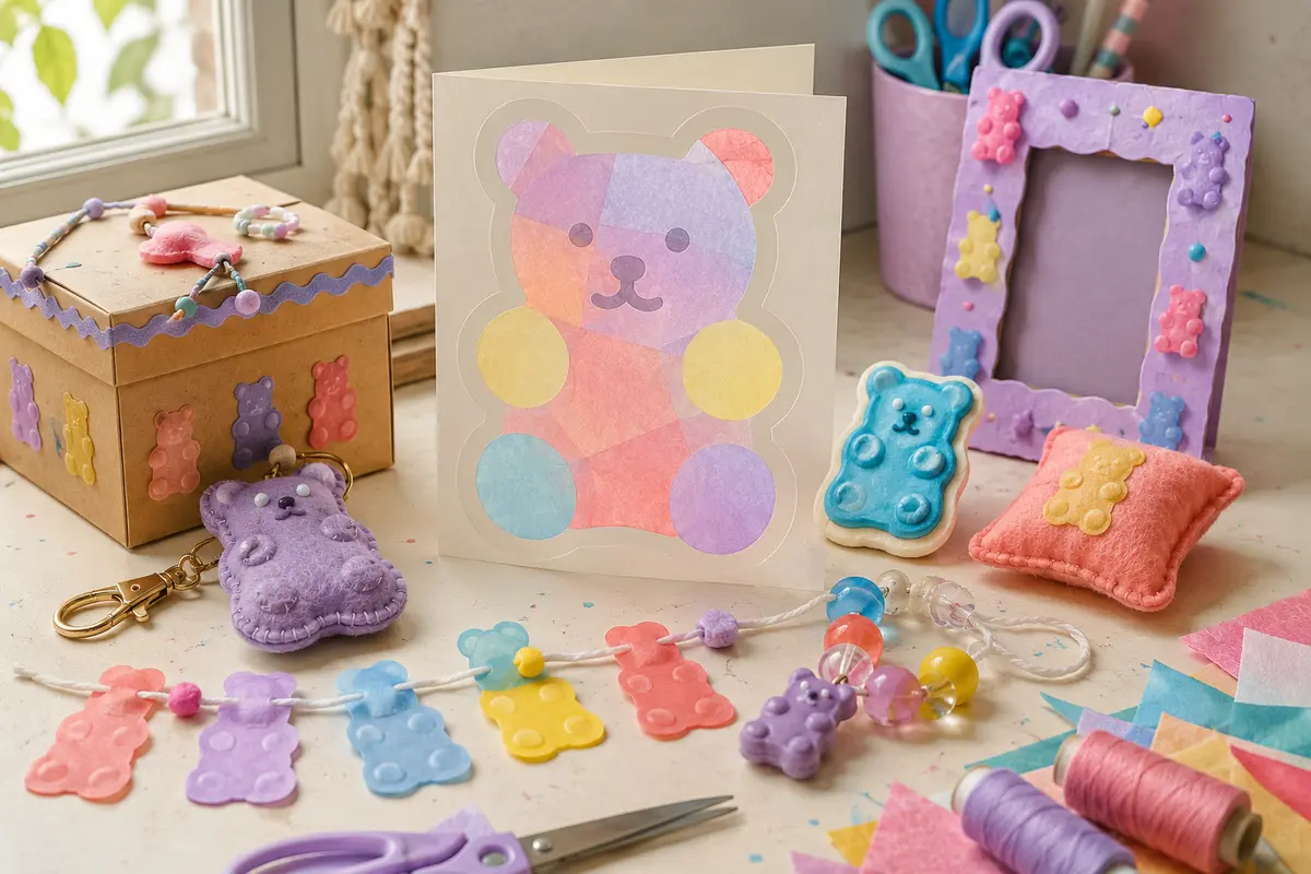 Collection de créations Gummy DIY colorées en papier feutrine perles et pâte autodurcissante