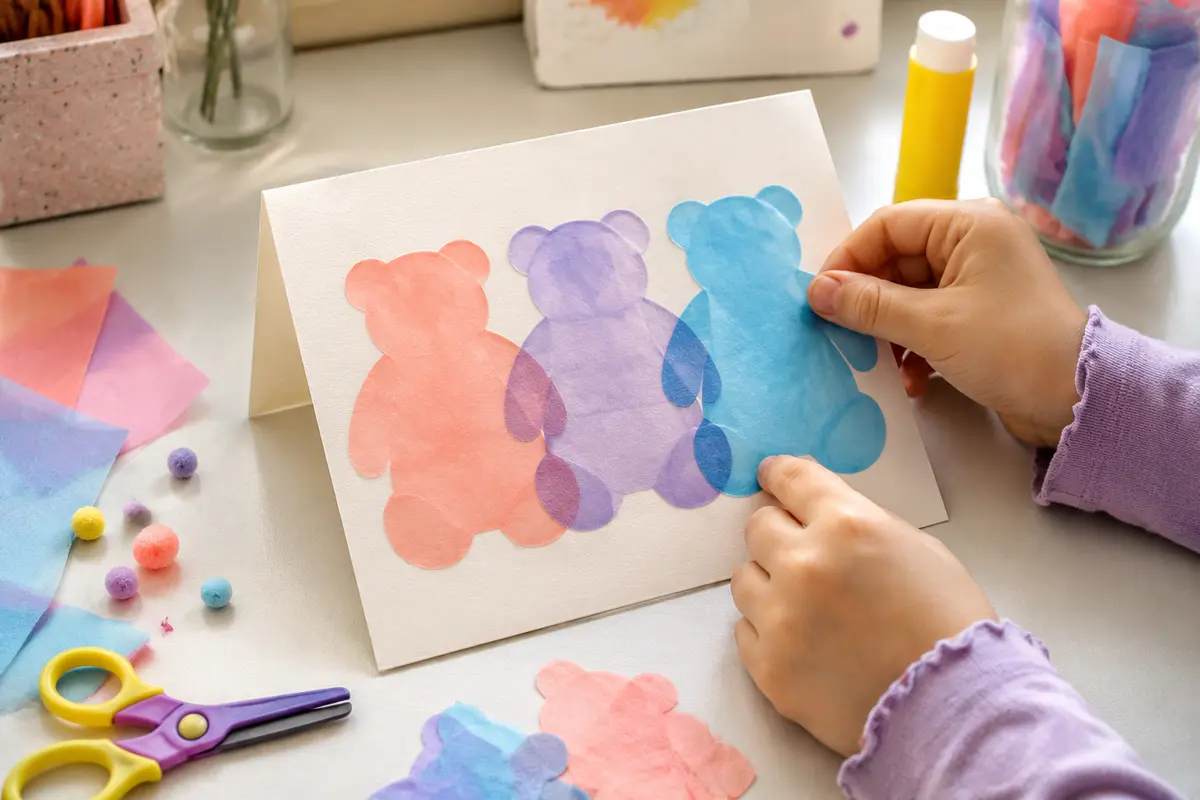 Carte Gummy DIY avec trois grands oursons en papier calque coloré superposé
