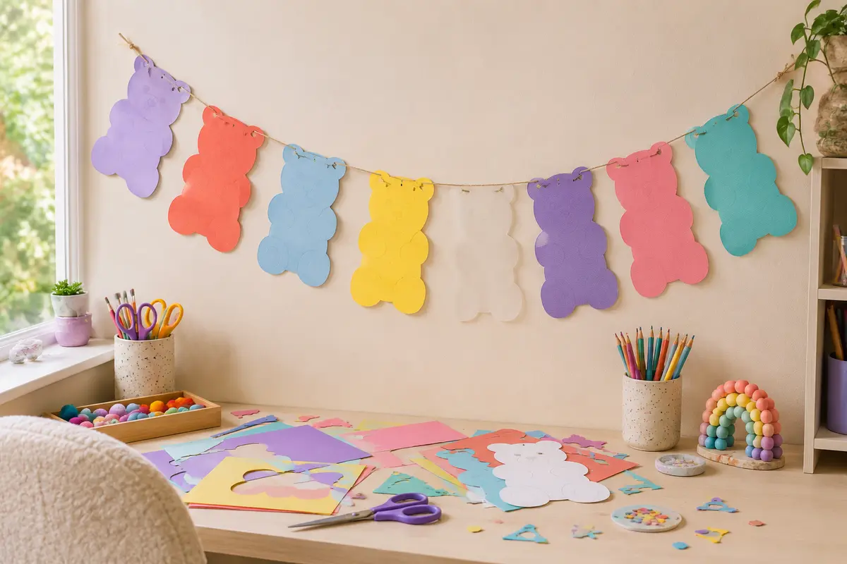Guirlande de grands oursons gummy en papier coloré accrochée sur un mur
