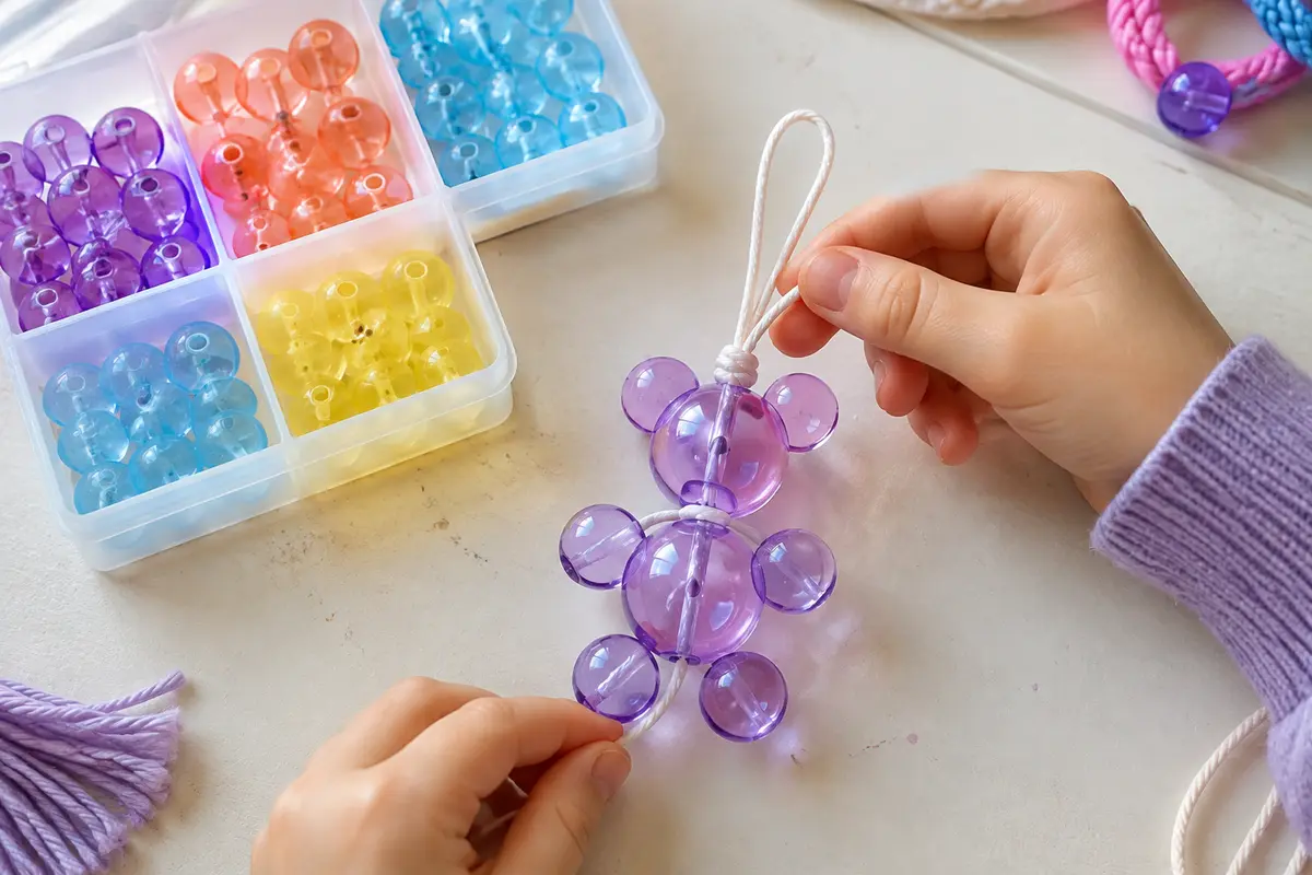 Breloque ourson gummy assemblée avec de grosses perles transparentes