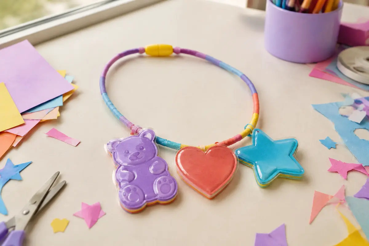 Collier enfant avec trois grandes formes gummy colorées en papier verni