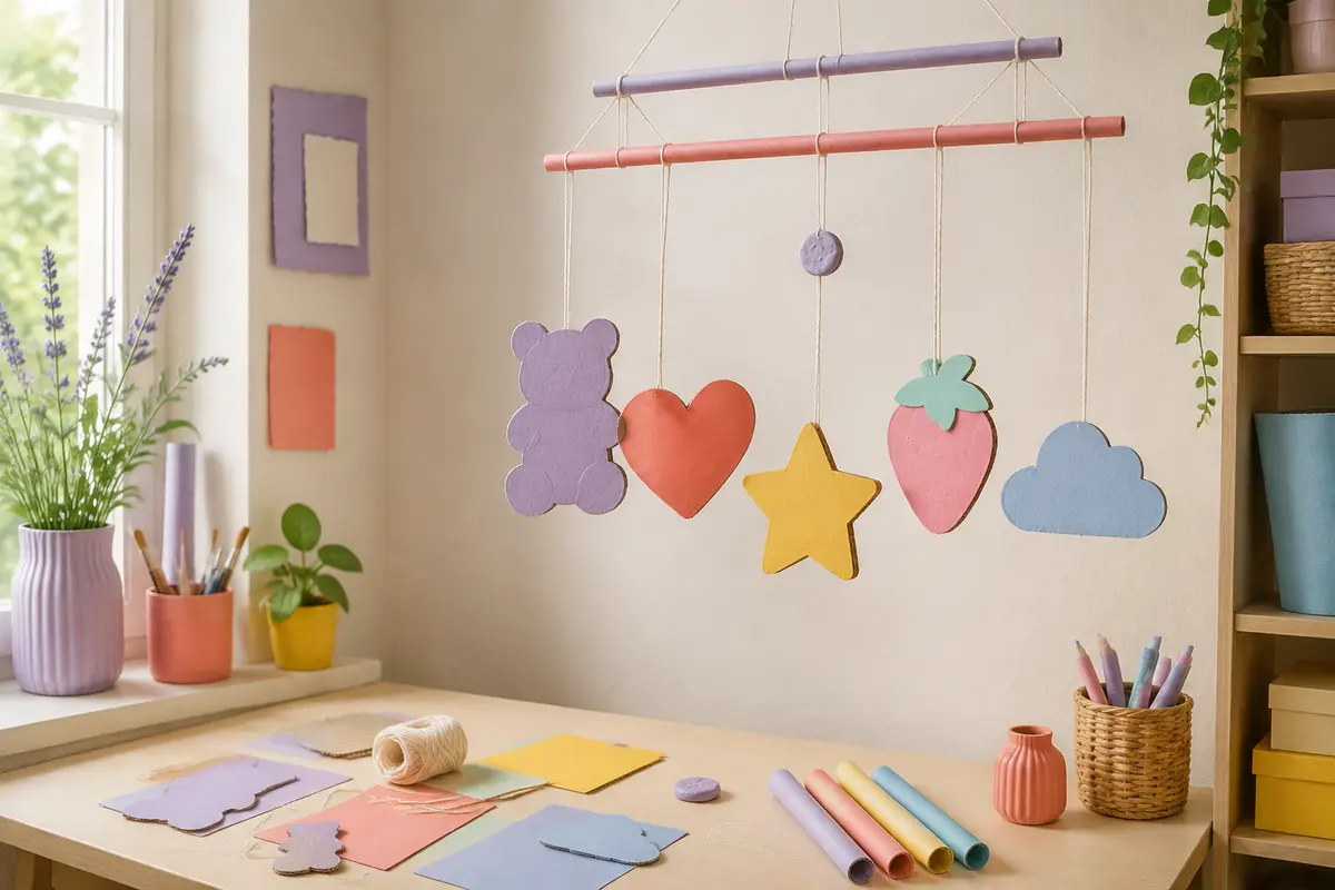 Mobile gummy composé de grandes formes légères en carton et pâte très fine