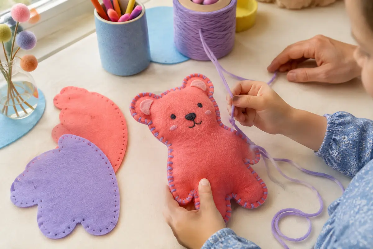 Mini coussin décoratif ourson gummy en feutrine corail et lavande