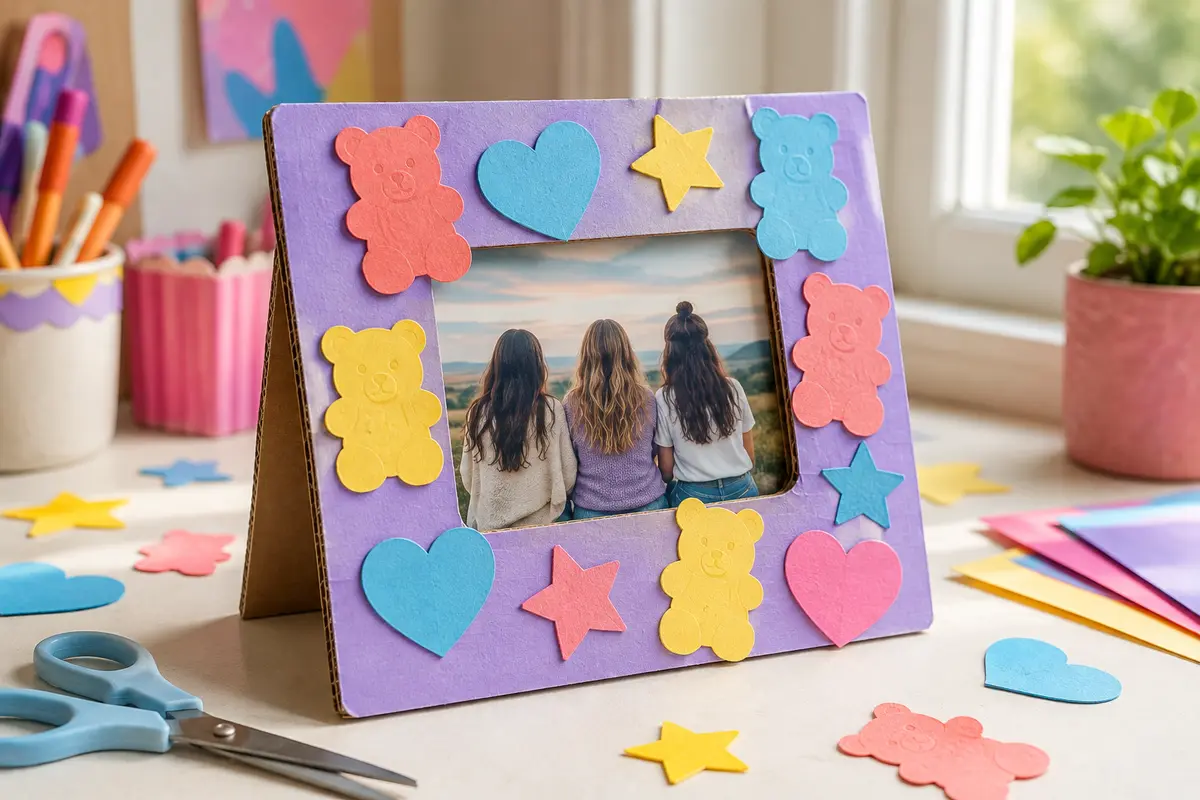 Cadre photo en carton décoré de grandes formes gummy en papier