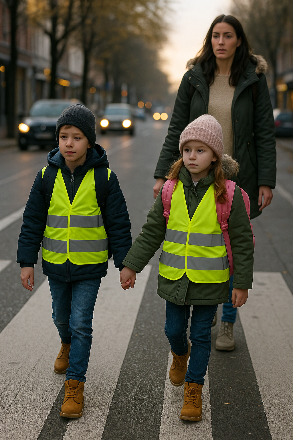 Trajet école en sécurité à pied avec gilets réfléchissants en hiver