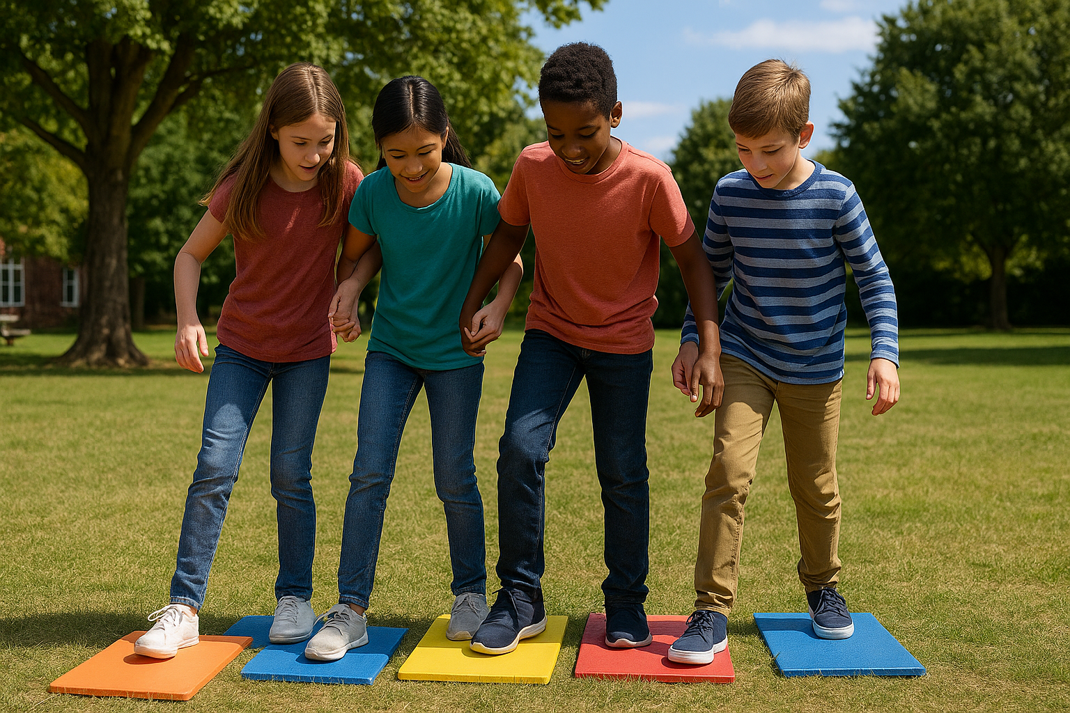 Enfants traversant des îlots colorés sans toucher le sol