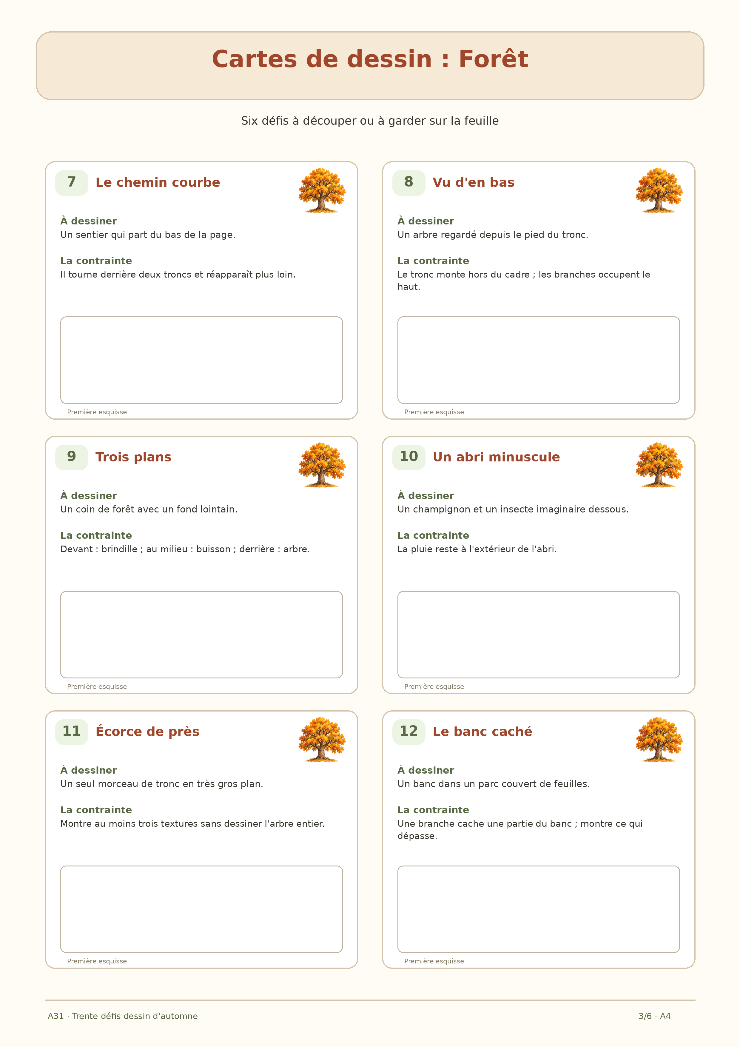 Six cartes de dessin d'automne autour des chemins et plans de forêt, numéros 7 à 12