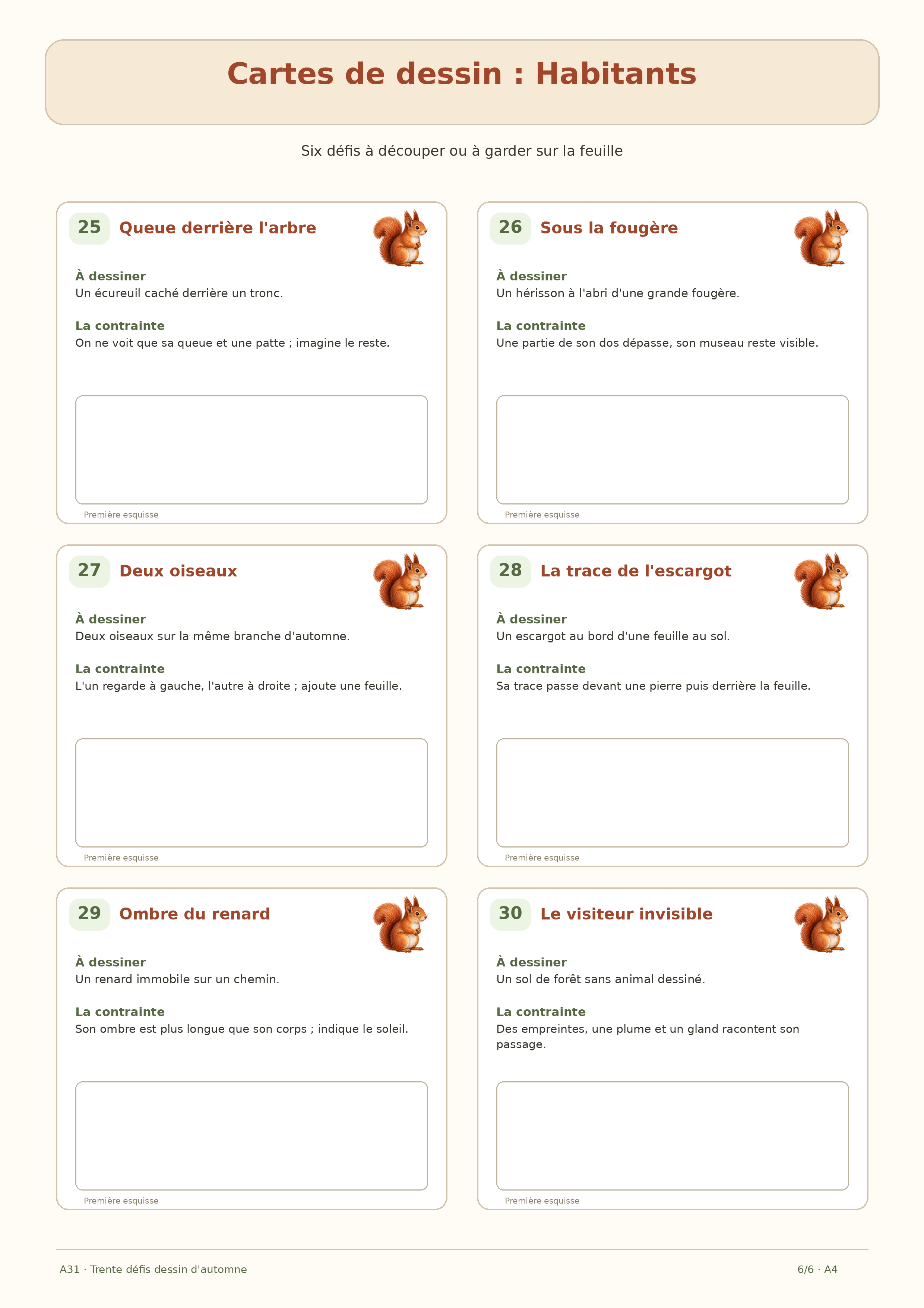 Six cartes de dessin d'automne avec animaux et traces dans la forêt, numéros 25 à 30