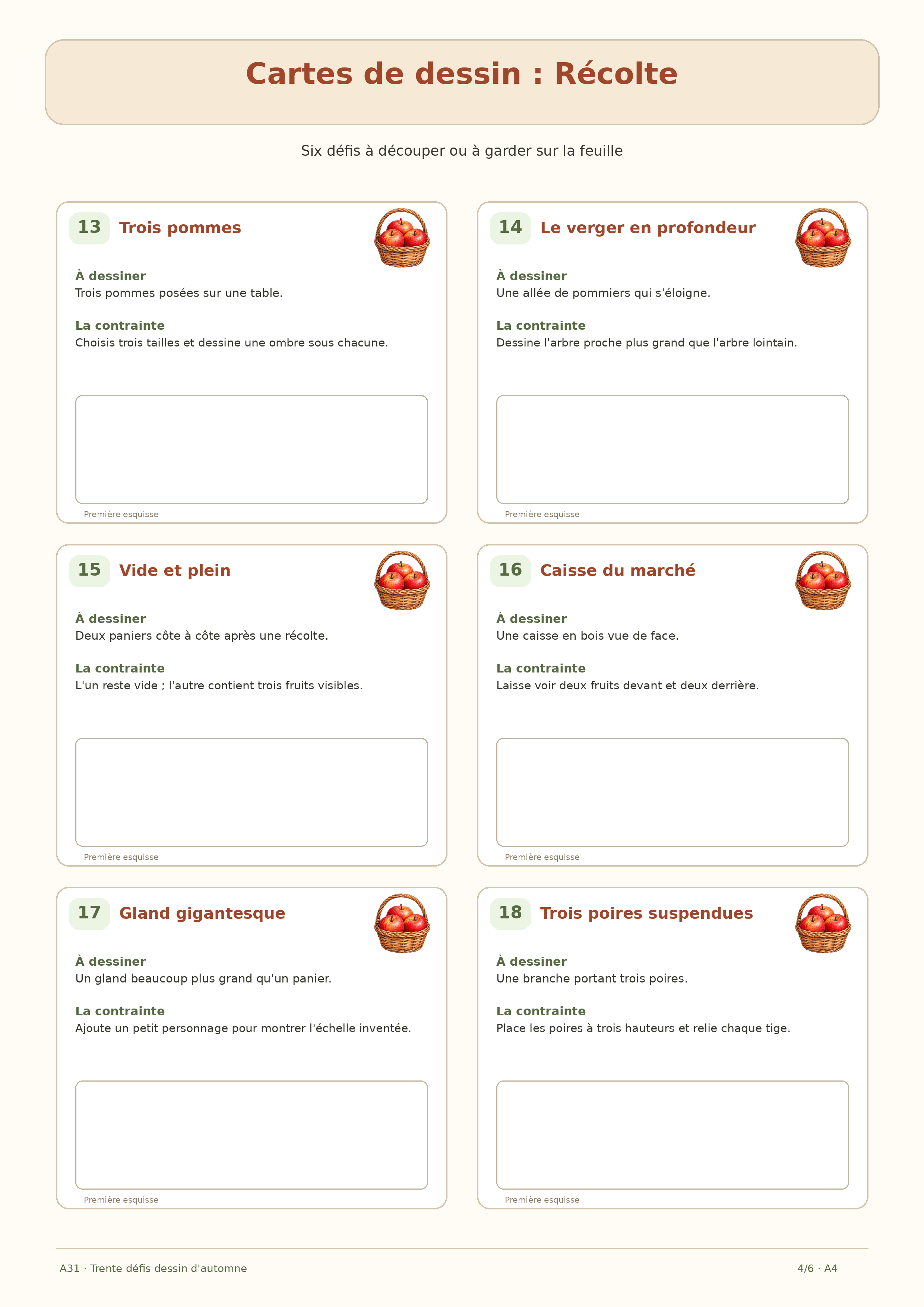 Six cartes de dessin d'automne sur les fruits et paniers de récolte, numéros 13 à 18