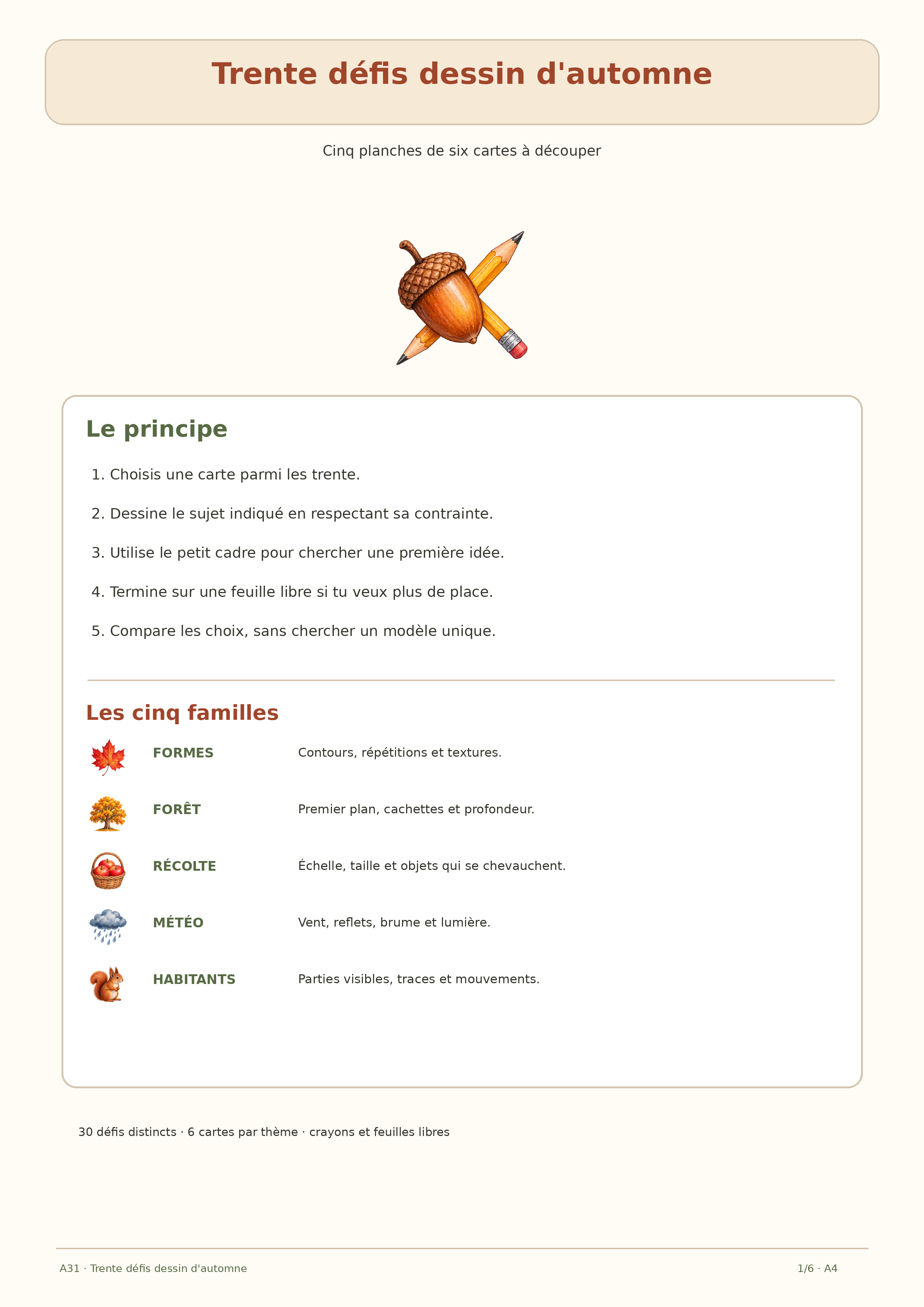 Mode d'emploi A4 des trente défis dessin d'automne et de leurs cinq familles