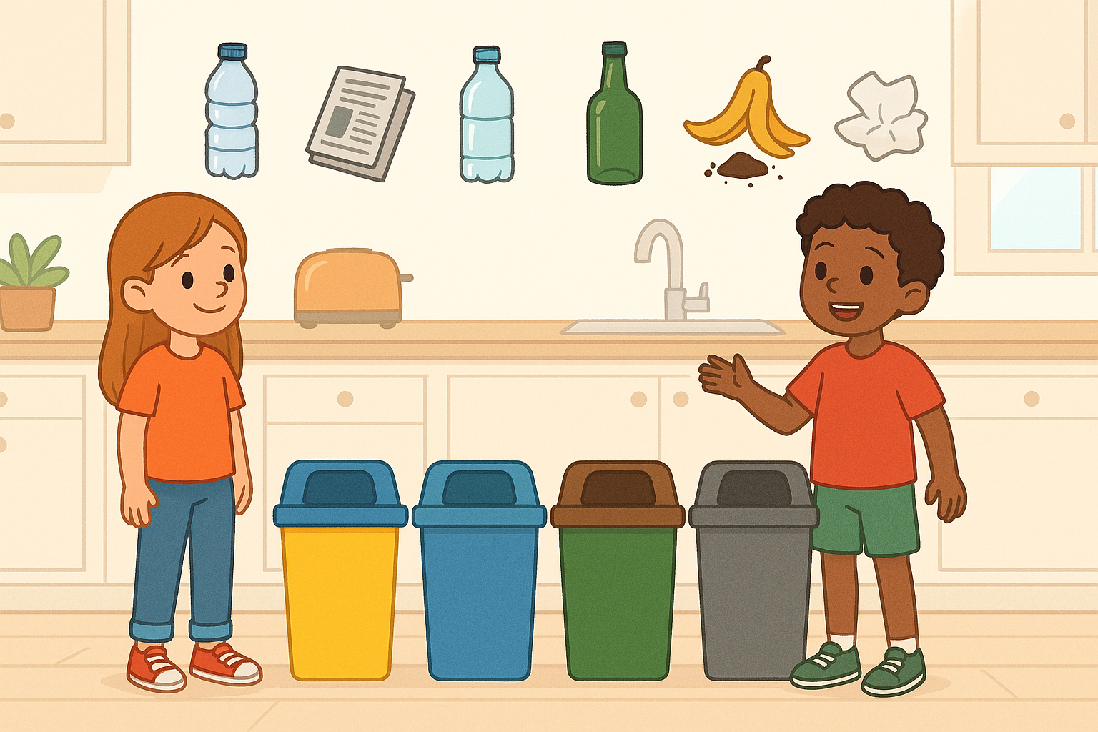 Enfants devant cinq bacs de tri colorés (jaune, bleu, vert, marron, gris) et exemples de déchets correspondants