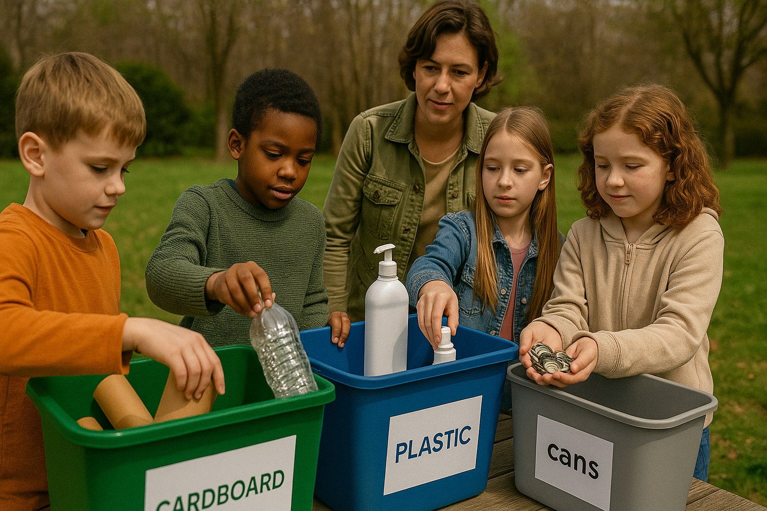 Course au trésor recyclée Enfants triant carton, plastique et métal dans des bacs étiquetés
