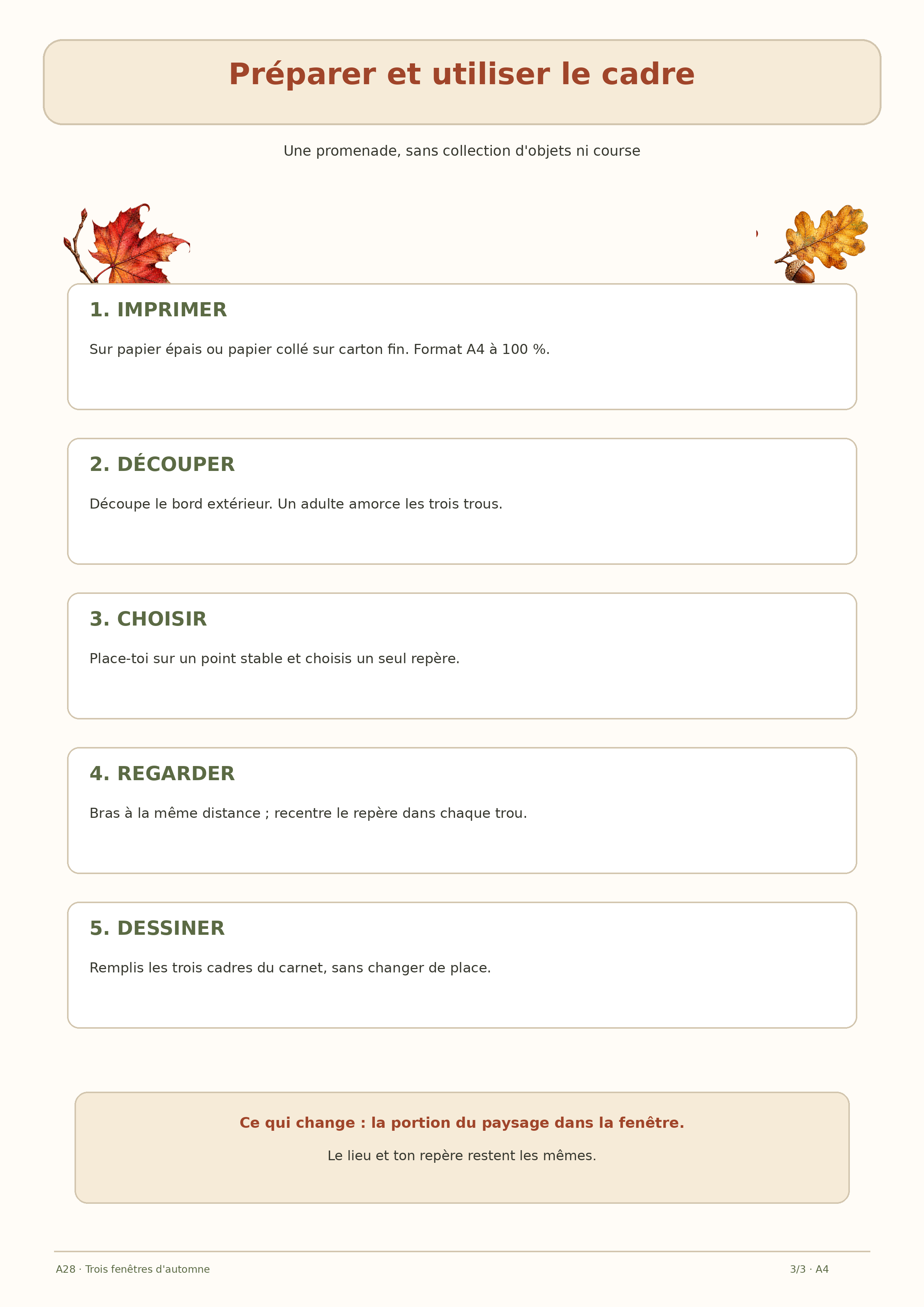 Guide A4 en cinq étapes pour imprimer, découper et utiliser le cadre d'observation d'automne