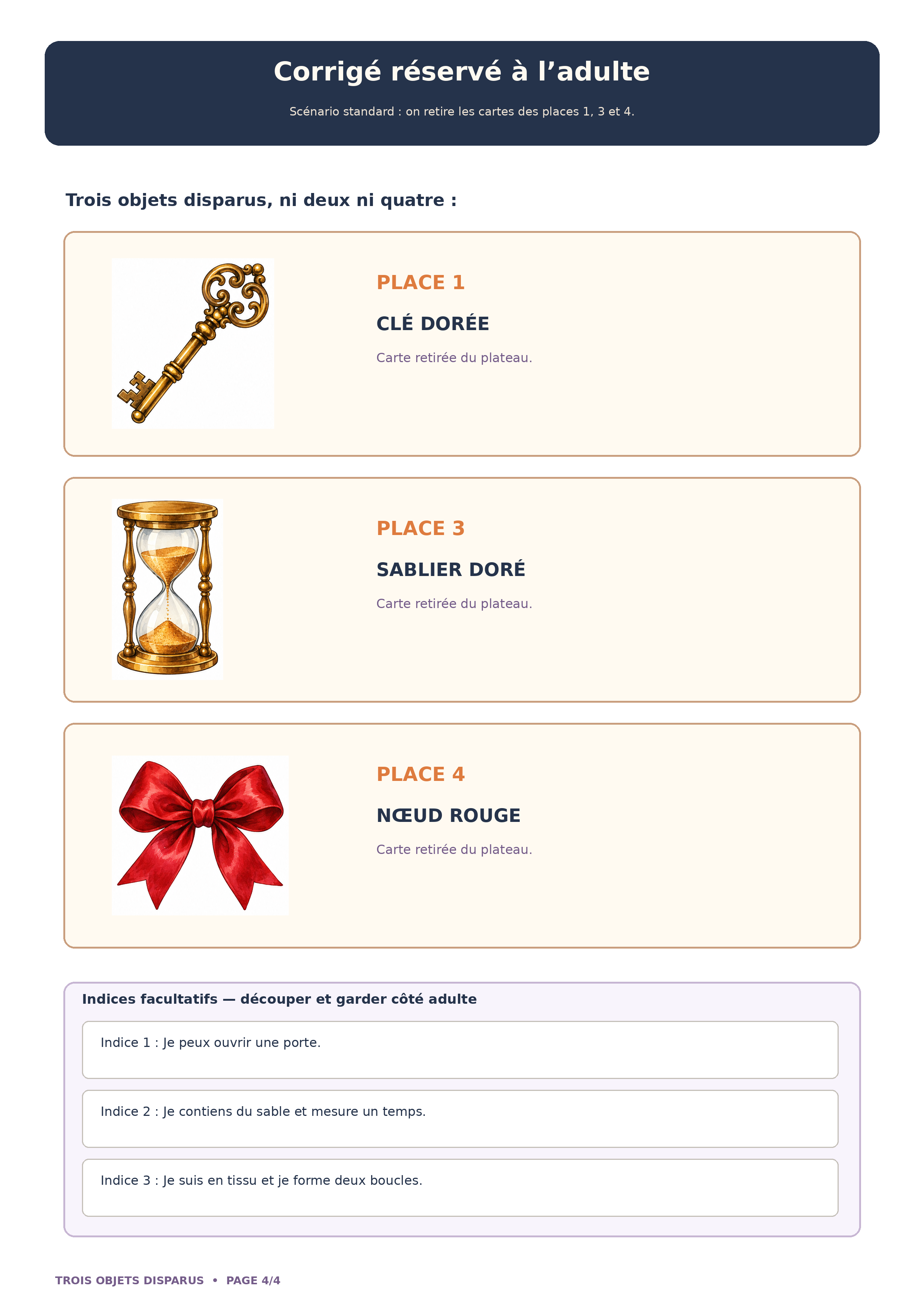 Corrigé adulte montrant clé place 1, sablier place 3 et nœud rouge place 4