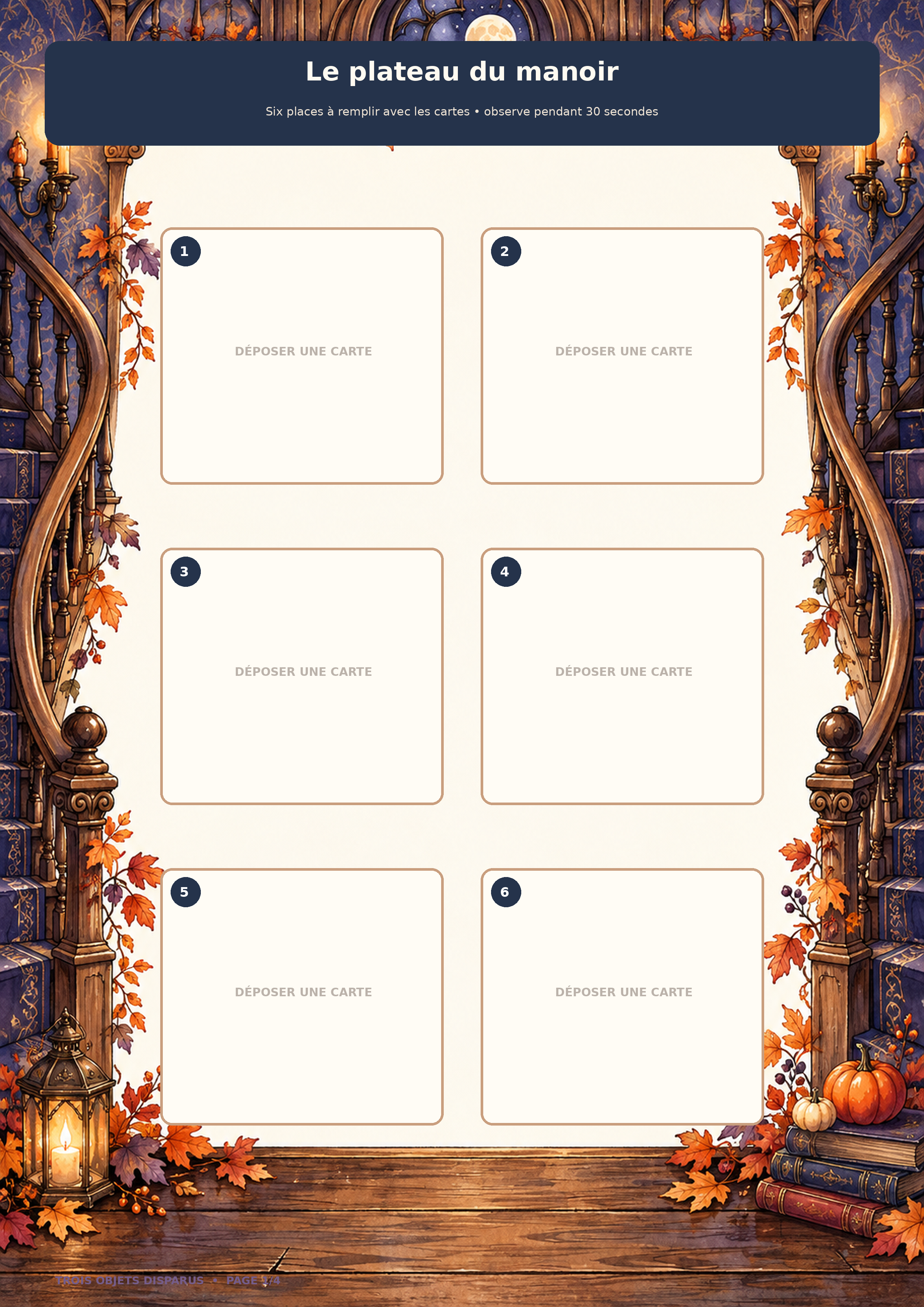 Plateau de manoir d’Halloween avec six emplacements numérotés pour les cartes