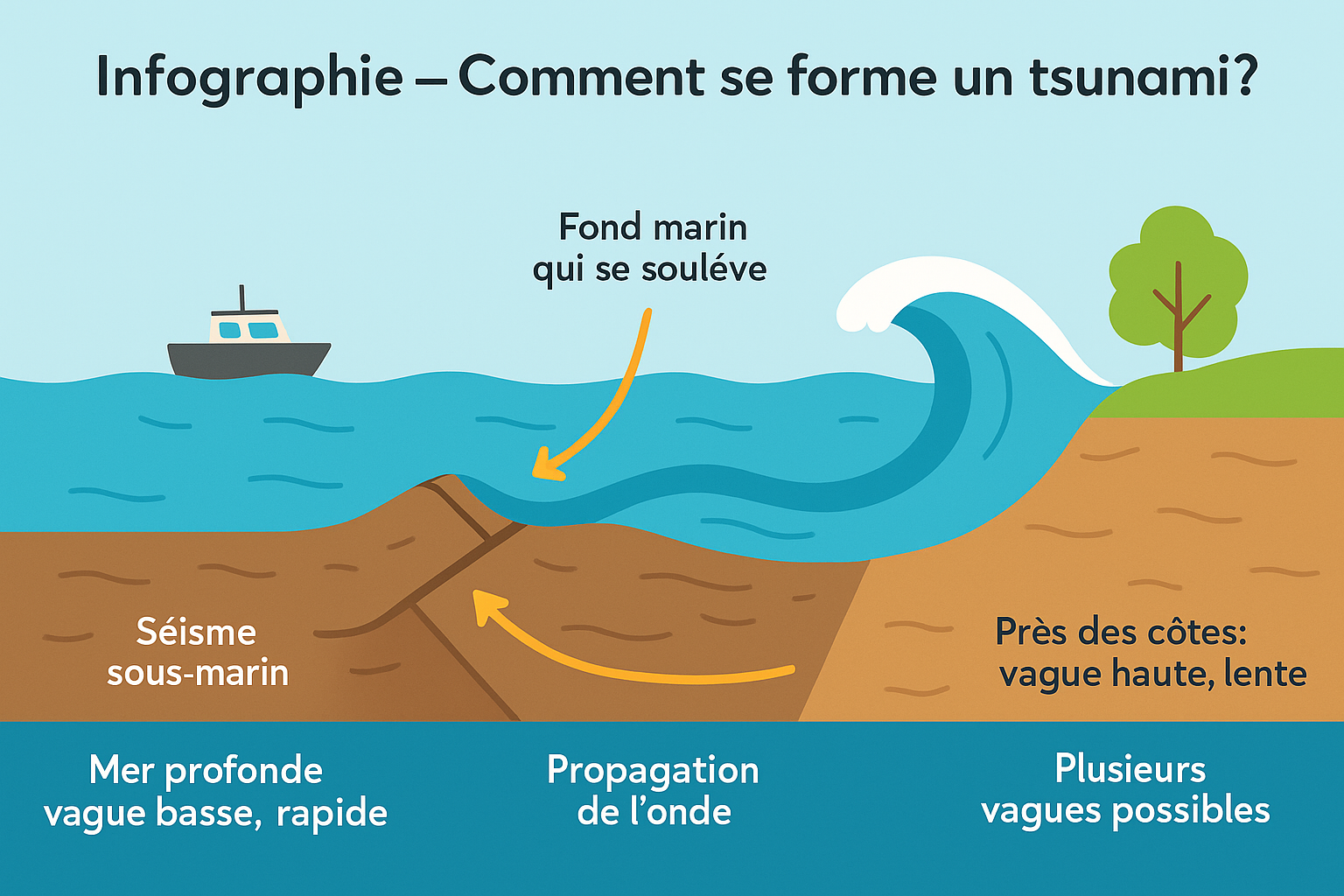 Schéma simple montrant la formation d'un tsunami : séisme sous-marin, onde en mer, vague qui se dresse près des côtes