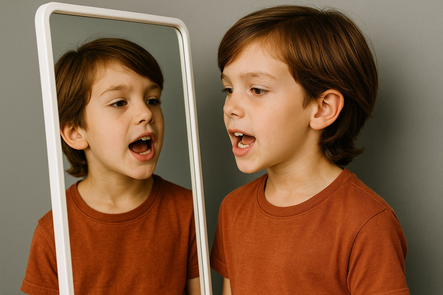 Gros plan d’un enfant répétant un virelangue face à un miroir.