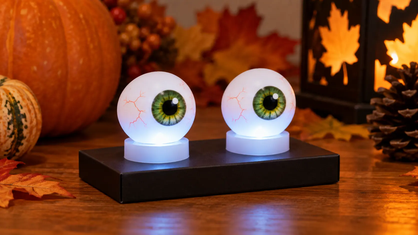 Deux yeux verts lumineux en balles de ping-pong intactes sur bougies LED et socle noir