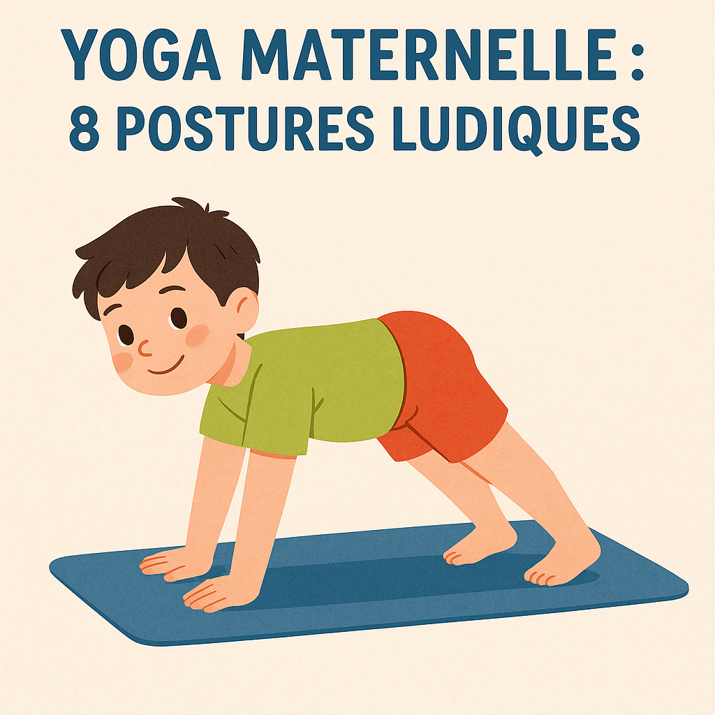 Enfants sur tapis, bras levés, équilibre en posture de l’arbre, ambiance sereine.