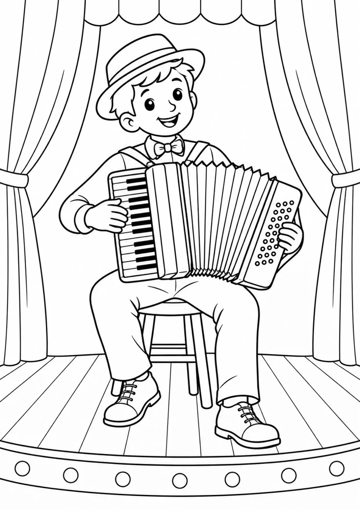 Coloriage accordéon : scene à imprimer montrant scene, dessin noir et blanc