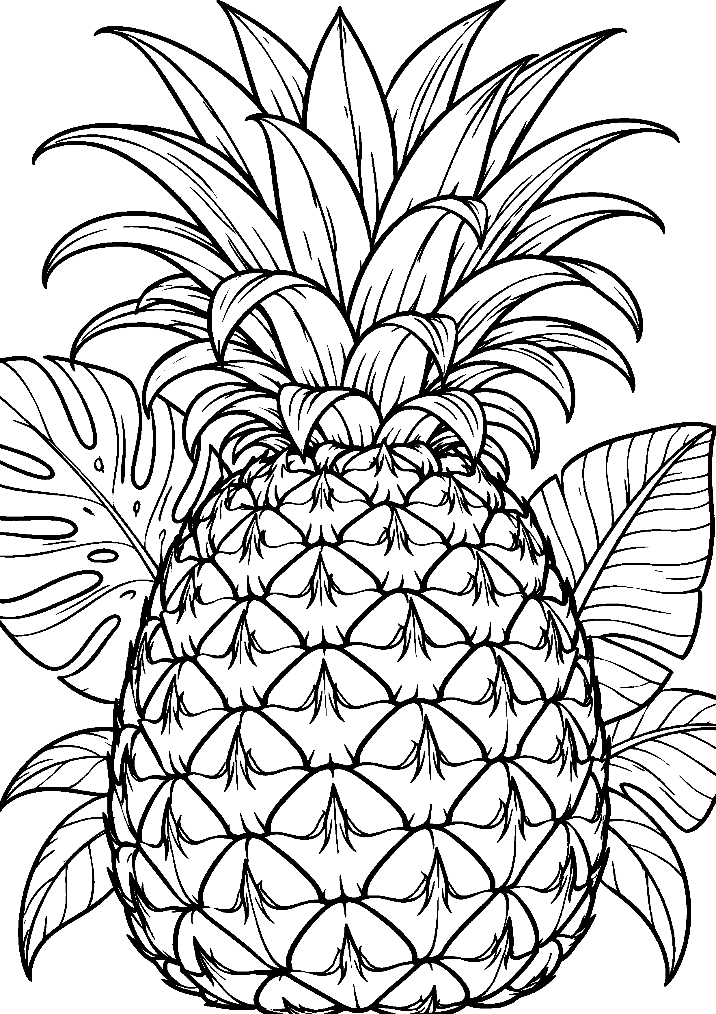 Grand coloriage d’un ananas entier parmi de grandes feuilles tropicales, contours noirs nets sur fond blanc