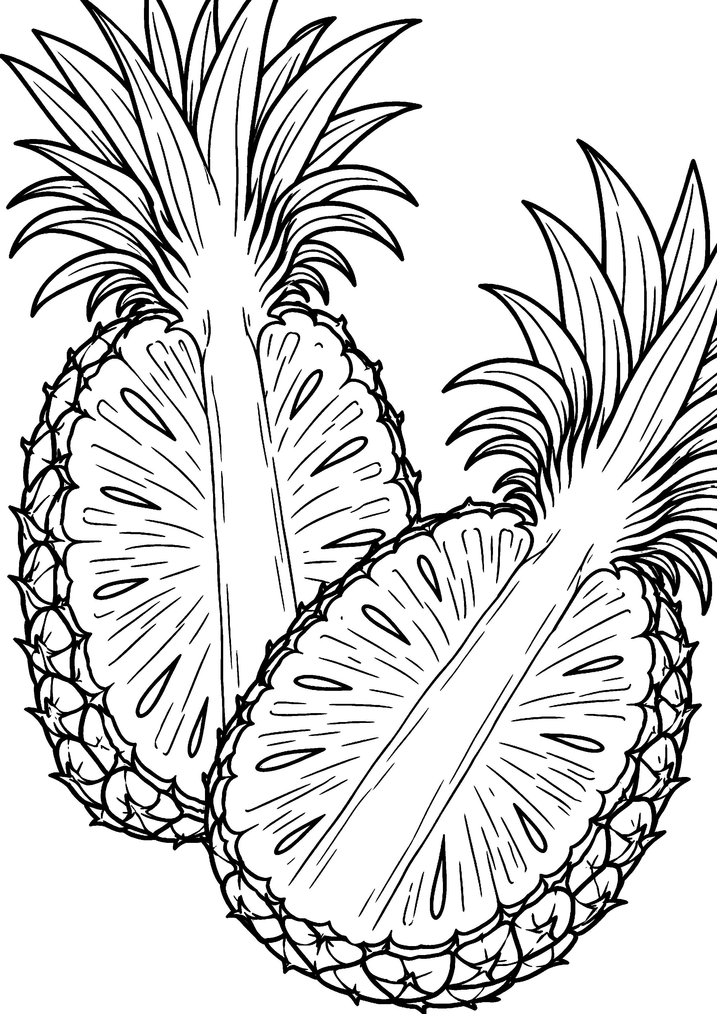 Grand coloriage d’un ananas récolté dans une main simplifiée, contours noirs nets sur fond blanc