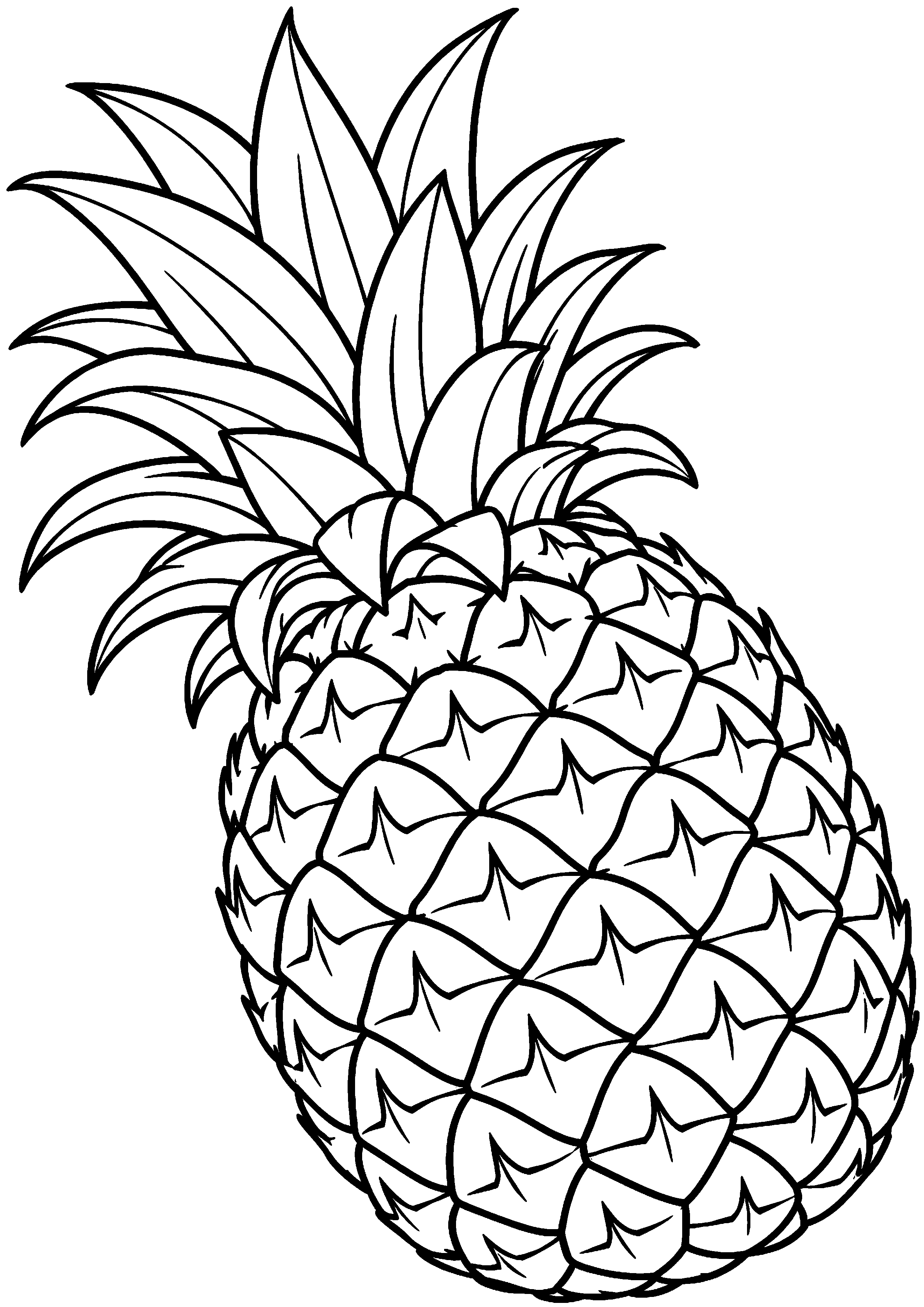 Grand coloriage d’un ananas entouré de ses ingrédients frais, contours noirs nets sur fond blanc