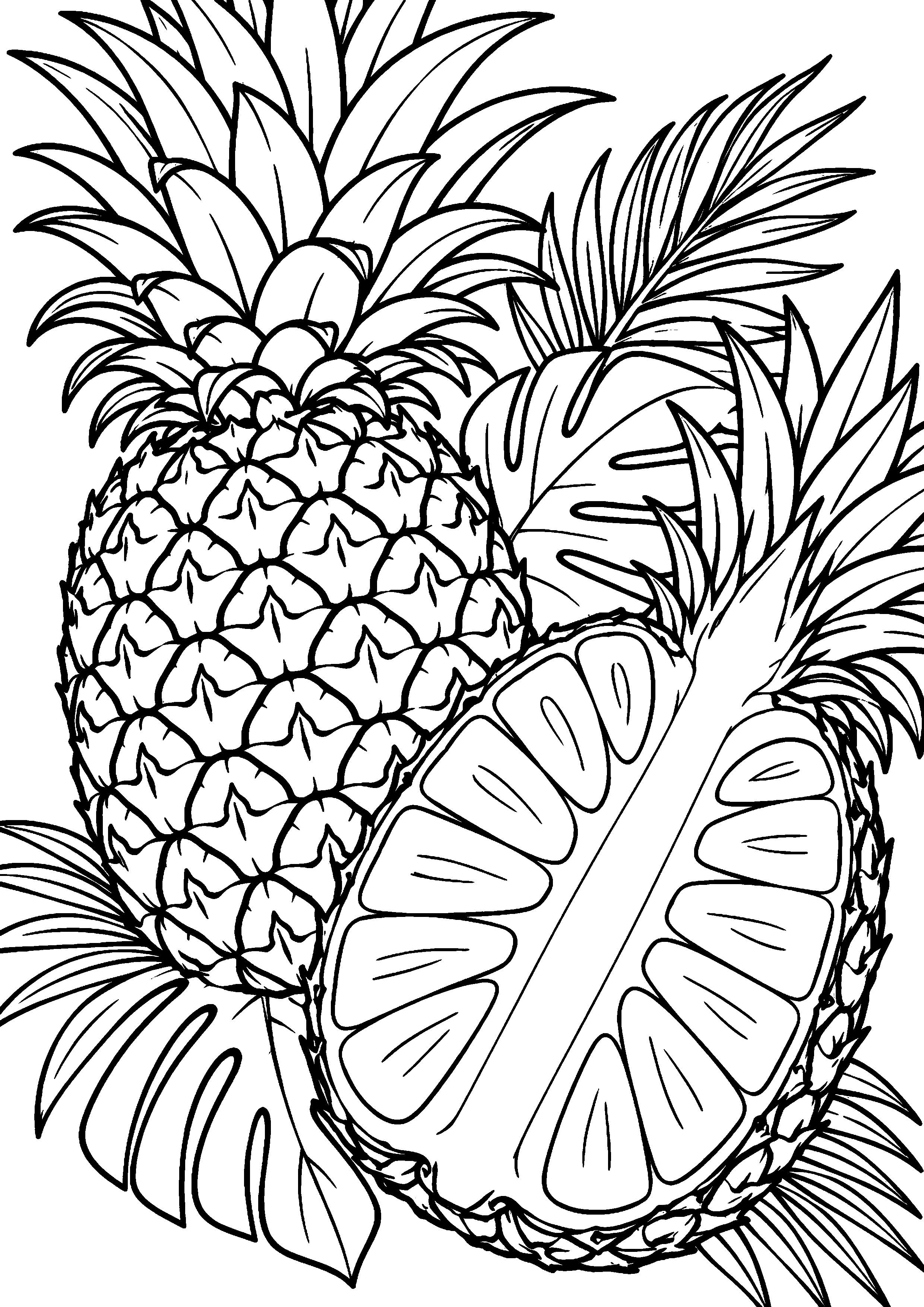 Grand coloriage d’un ananas entier avec une grande tranche parmi les palmes, contours noirs nets sur fond blanc