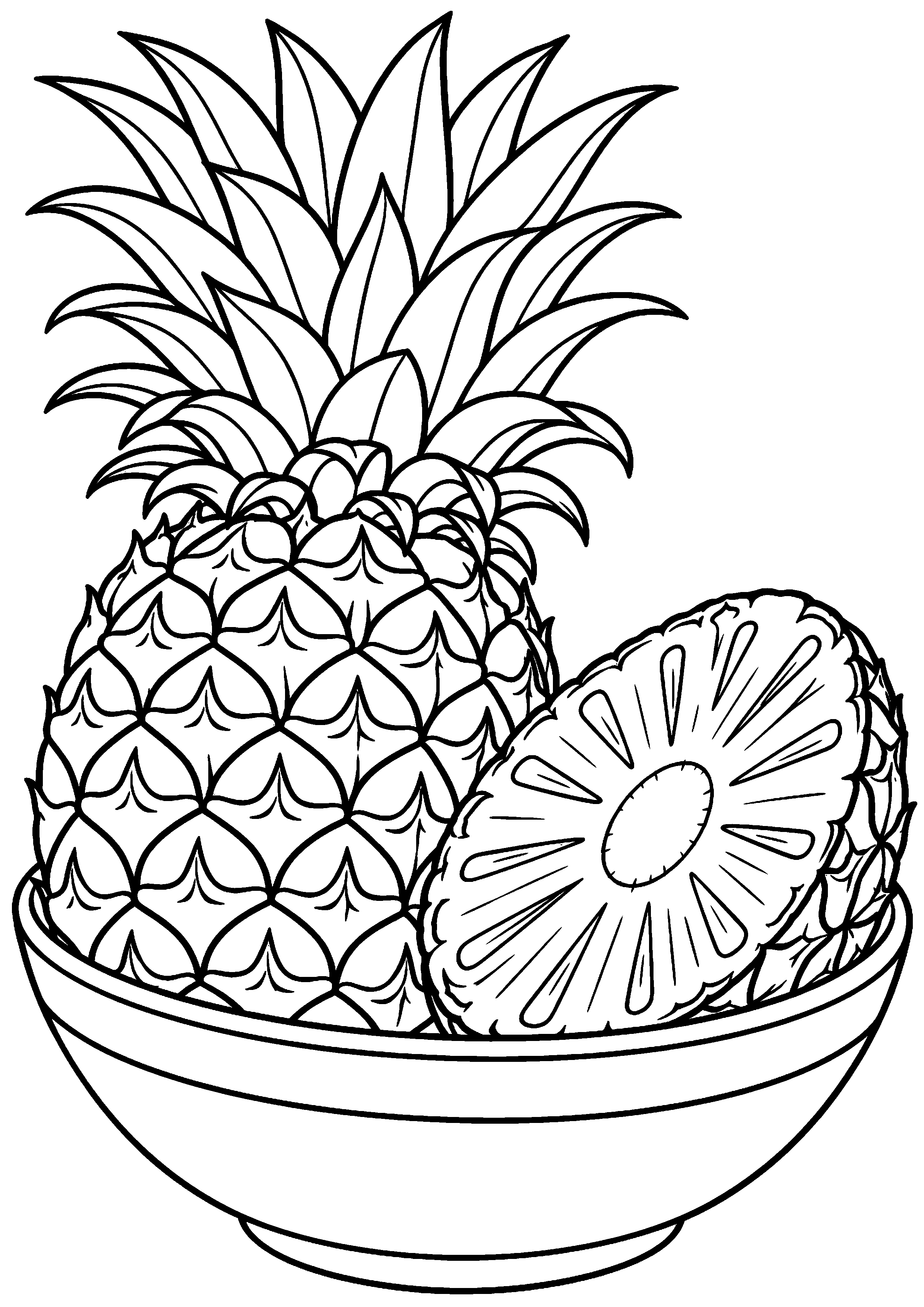 Grand coloriage d’un ananas en personnage-fruit souriant original, contours noirs nets sur fond blanc