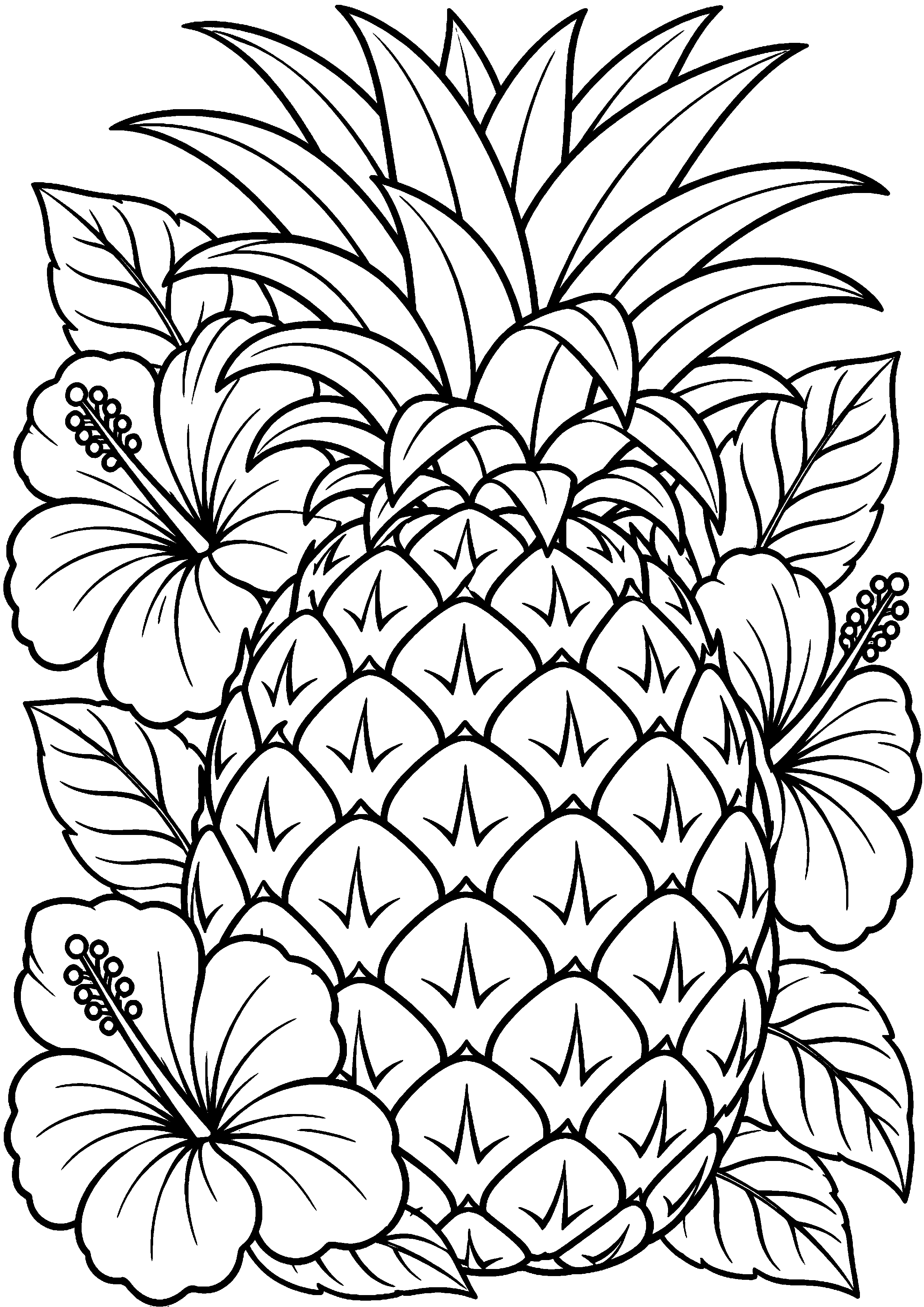 Grand coloriage d’un ananas dans un motif avec une grande unité centrale, contours noirs nets sur fond blanc