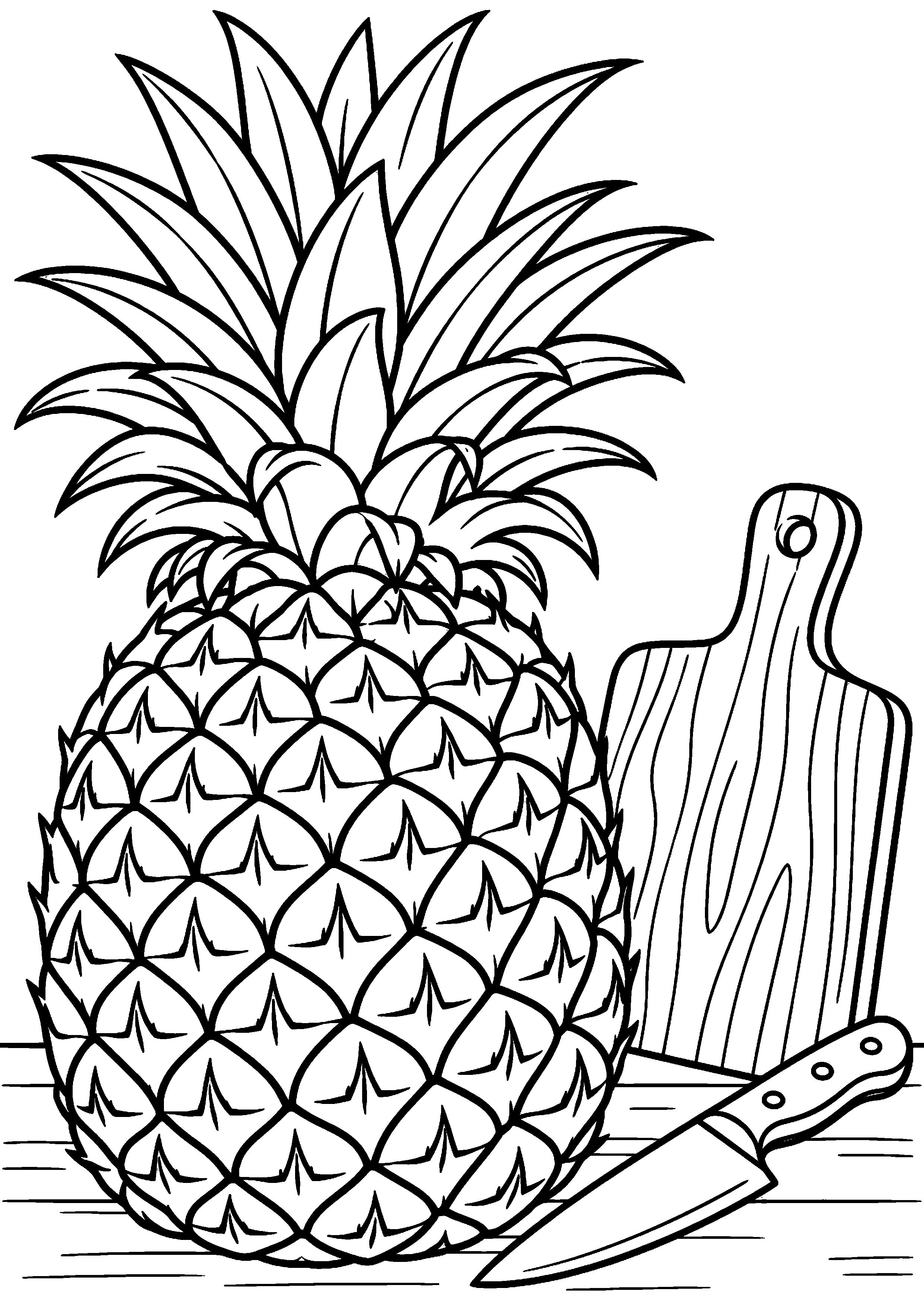 Grand coloriage d’un ananas dans une scène de goûter, contours noirs nets sur fond blanc