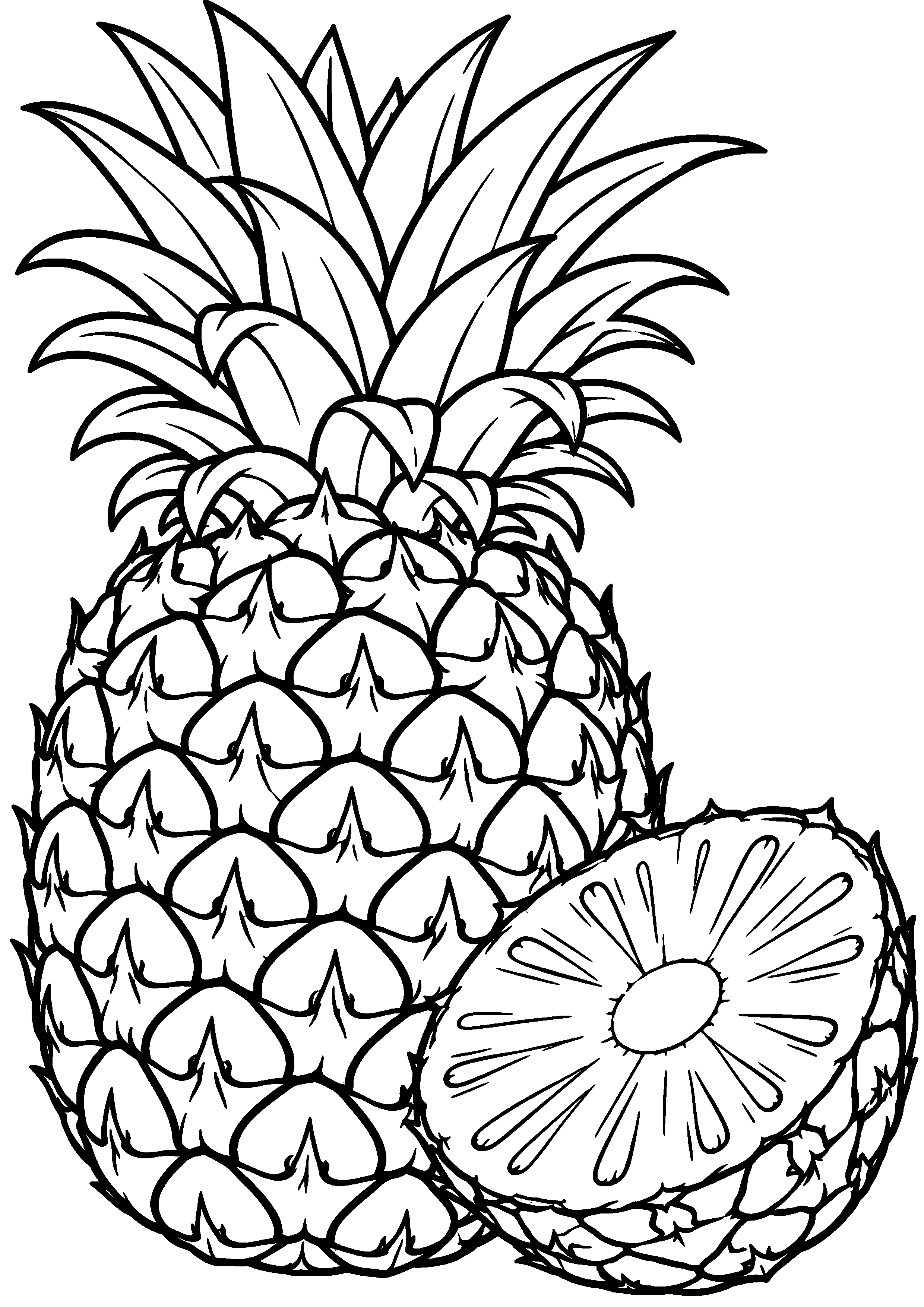 Grand coloriage d’un ananas prêt à servir sur une grande assiette, contours noirs nets sur fond blanc
