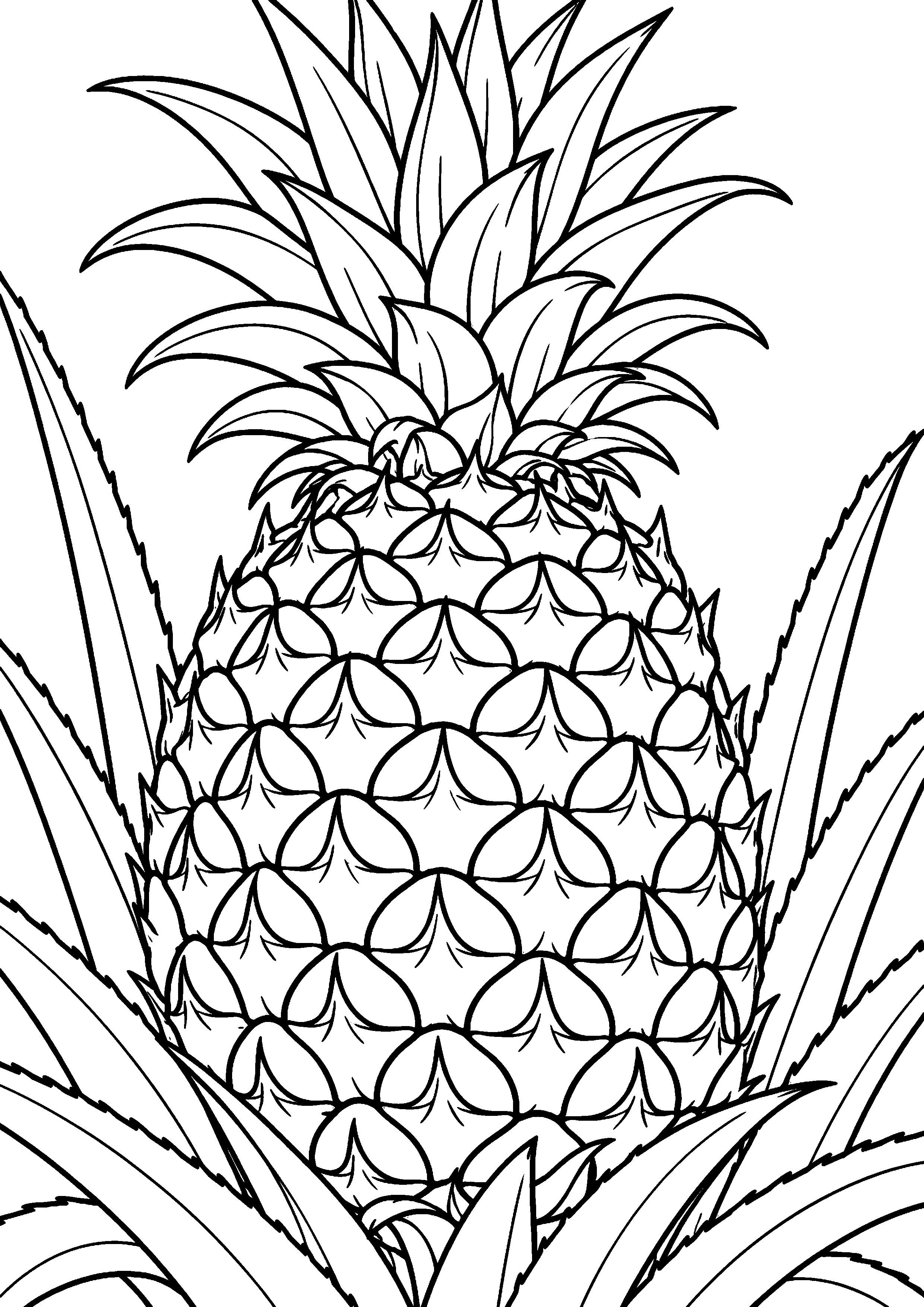 Grand coloriage d’un ananas entier en gros plan au milieu de longues feuilles, contours noirs nets sur fond blanc