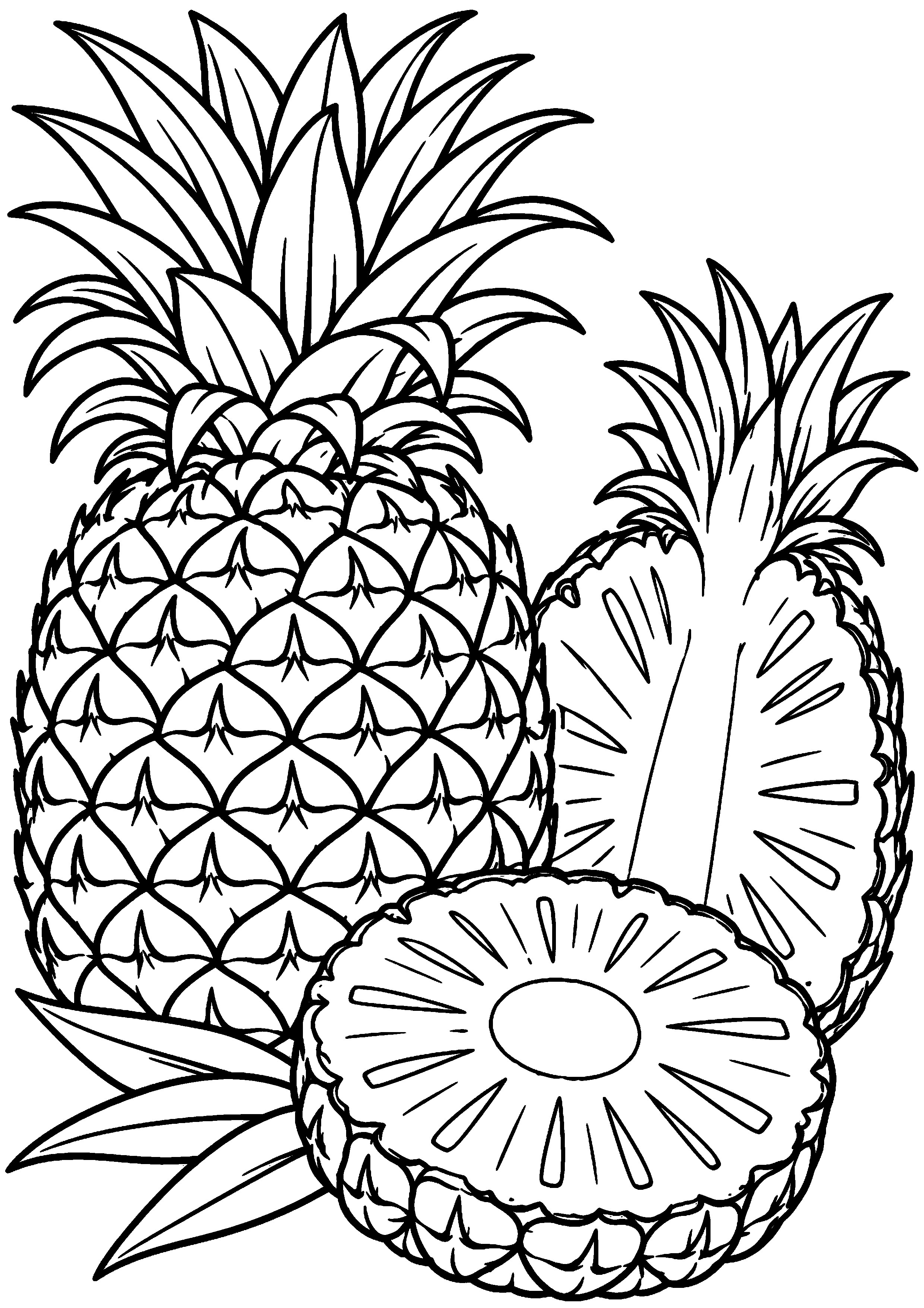 Grand coloriage d’un ananas dans une grande composition festive, contours noirs nets sur fond blanc