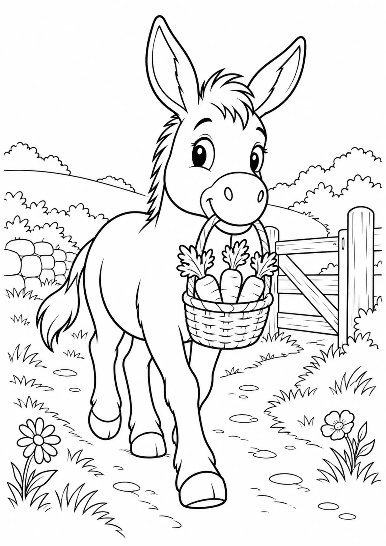 Coloriage âne : carottes panier